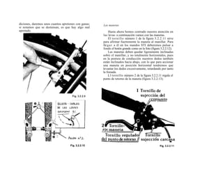 diciones, daremos unos cuantos apretones con ganas;   Las manetas
si notamos que se destensan, es que hay algo mal
apretado.                                                  Hasta ahora hemos centrado nuestra atención en
                                                      las levas: a continuación vamos con las manetas.
                                                           El t o r ni ll o número 1 de la figura 3.2.2.11 sirve
                                                      para afirmar fuertemente la maneta al manillar. Para
                                                      lle g a r a él en los mandos STI deberemos pulsar a
                                                      fondo el botón grande como en la foto (figura 3.2.2.12).
                                                           Las manetas deben quedar ligeramente inclinadas
                                                      sobre el manillar, y no totalmente horizontales, pues
                                                      en la postura de conducción nuestros dedos también
                                                      están inclinados hacia abajo, con lo que para accionar
                                                      una maneta en posición horizontal tendremos que
                                                      levantar los dedos excesivamente, retardando por tanto
                                                      la frenada.
                                                          L:l tornillo número 2 de la figura 3.2.2.11 regula el
                                                      punto de retorno de la maneta (figura 3.2.2.13).
 