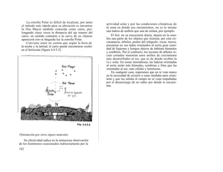 La estrella Polar es difícil de localizar; por tanto
                                                            actividad solar y por las condiciones climáticas de
 el método más rápido para su ubicación es encontrar
                                                            la zona en donde nos encontremos, no es lo mismo
 la Osa Mayor también conocida como carro, pro-
                                                            una ladera de umbría que una de solana, por ejemplo.
 longando cinco veces la distancia del eje trasero del
 carro; en sentido contrario a la curva de su «lanza»            El Sol, en su trayectoria diaria, dejará en la som-
 aparecerá con su lánguida luz la estrella Polar.           bra una parte de los objetos que ilumina; por esta cir-
     Conviene tener en cuenta que según la hora de          cunstancia, árboles, postes del telégrafo, rocas, muros,
 la noche y la latitud, el carro puede encontrarse oculto   presentan en sus lados orientados al norte gran canti-
 en el horizonte (figura 4.4.5.2).                          dad de liqúenes y hongos típicos de hábitats húmedos
                                                            y sombríos. Por el contrario, los tocones de árboles re-
                                                            cién cortados muestran unos anillos de crecimiento
                                                            mas desarrollados al sur, que es de donde reciben la
                                                            l u z solar. En zonas montañosas, las laderas orientadas
                                                            al norte serán más húmedas, sombrías y frías que las
                                                            orientadas al sur, más cálidas y luminosas.
                                                                 En cualquier caso, esperamos que no te veas nunca
                                                            en la necesidad de recurrir a estas medidas para orien-
                                                            tarte y que tus salidas al campo no se vean empañadas
                                                            por el desasosiego de no saber por dónde te encuen-
                                                            tras.




Orientación por otros signos naturales
    Su efectividad radica en la minuciosa observación
de los fenómenos ocasionados indirectamente por la
182
 