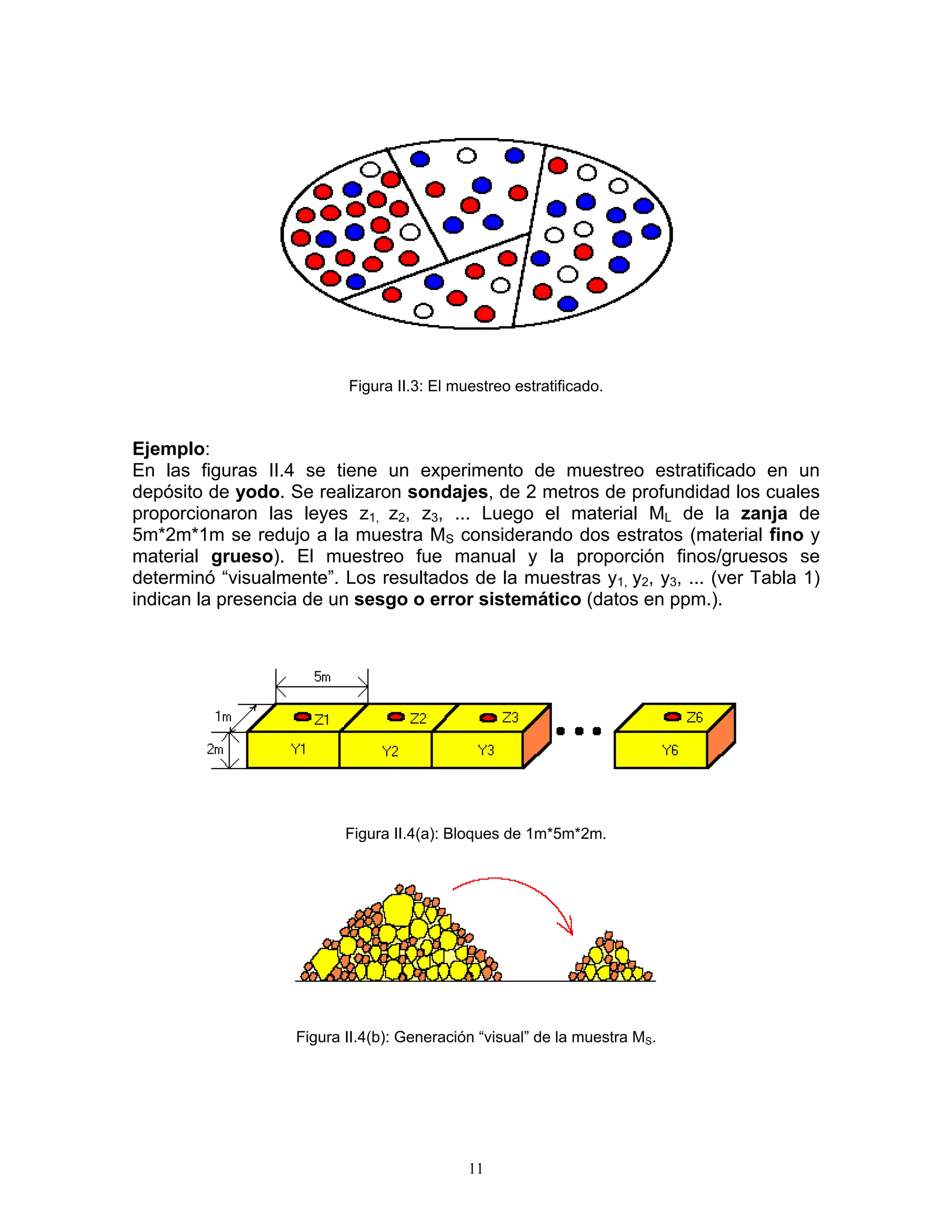 Figura II.3: El muestreo estratificado. 
Ejemplo: 
En las figuras II.4 se tiene un experimento de muestreo estratificado en un depósito de yodo. Se realizaron sondajes, de 2 metros de profundidad los cuales proporcionaron las leyes z1, z2, z3, ... Luego el material ML de la zanja de 5m*2m*1m se redujo a la muestra MS considerando dos estratos (material fino y material grueso). El muestreo fue manual y la proporción finos/gruesos se determinó “visualmente”. Los resultados de la muestras y1, y2, y3, ... (ver Tabla 1) indican la presencia de un sesgo o error sistemático (datos en ppm.). 
Figura II.4(a): Bloques de 1m*5m*2m. 
Figura II.4(b): Generación “visual” de la muestra MS. 
11 
 