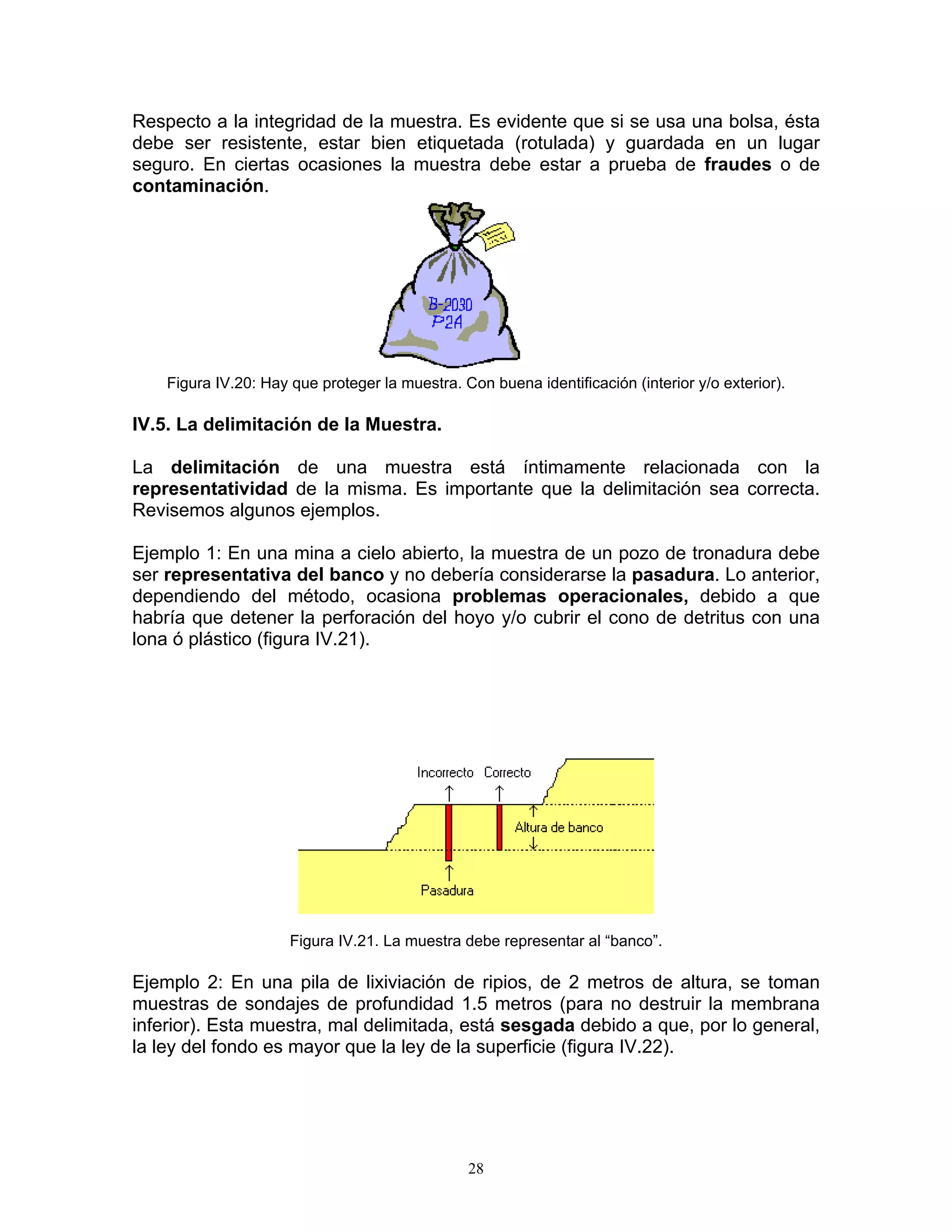 Respecto a la integridad de la muestra. Es evidente que si se usa una bolsa, ésta debe ser resistente, estar bien etiquetada (rotulada) y guardada en un lugar seguro. En ciertas ocasiones la muestra debe estar a prueba de fraudes o de contaminación. 
Figura IV.20: Hay que proteger la muestra. Con buena identificación (interior y/o exterior). 
IV.5. La delimitación de la Muestra. 
La delimitación de una muestra está íntimamente relacionada con la representatividad de la misma. Es importante que la delimitación sea correcta. Revisemos algunos ejemplos. 
Ejemplo 1: En una mina a cielo abierto, la muestra de un pozo de tronadura debe ser representativa del banco y no debería considerarse la pasadura. Lo anterior, dependiendo del método, ocasiona problemas operacionales, debido a que habría que detener la perforación del hoyo y/o cubrir el cono de detritus con una lona ó plástico (figura IV.21). 
Figura IV.21. La muestra debe representar al “banco”. 
Ejemplo 2: En una pila de lixiviación de ripios, de 2 metros de altura, se toman muestras de sondajes de profundidad 1.5 metros (para no destruir la membrana inferior). Esta muestra, mal delimitada, está sesgada debido a que, por lo general, la ley del fondo es mayor que la ley de la superficie (figura IV.22). 
28 
 