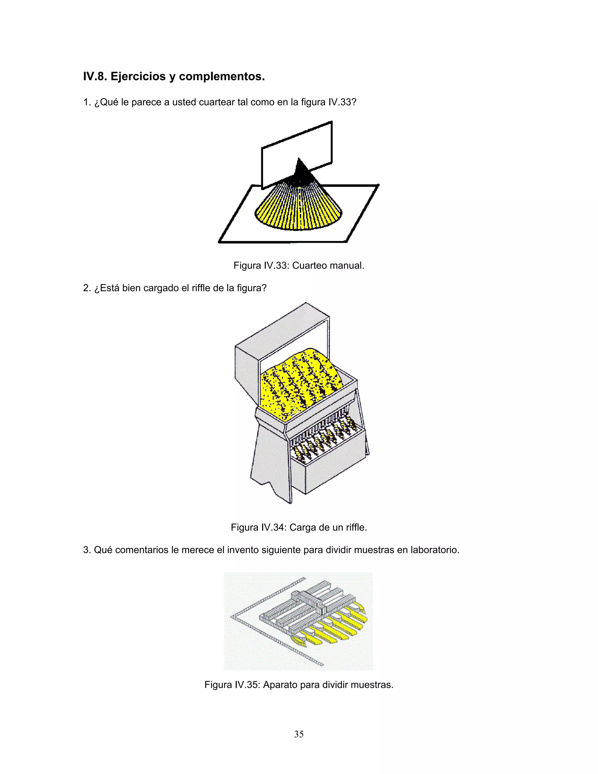 IV.8. Ejercicios y complementos. 
1. ¿Qué le parece a usted cuartear tal como en la figura IV.33? 
Figura IV.33: Cuarteo manual. 
2. ¿Está bien cargado el riffle de la figura? 
Figura IV.34: Carga de un riffle. 
3. Qué comentarios le merece el invento siguiente para dividir muestras en laboratorio. 
F 
Figura IV.35: Aparato para dividir muestras. 
35 
 