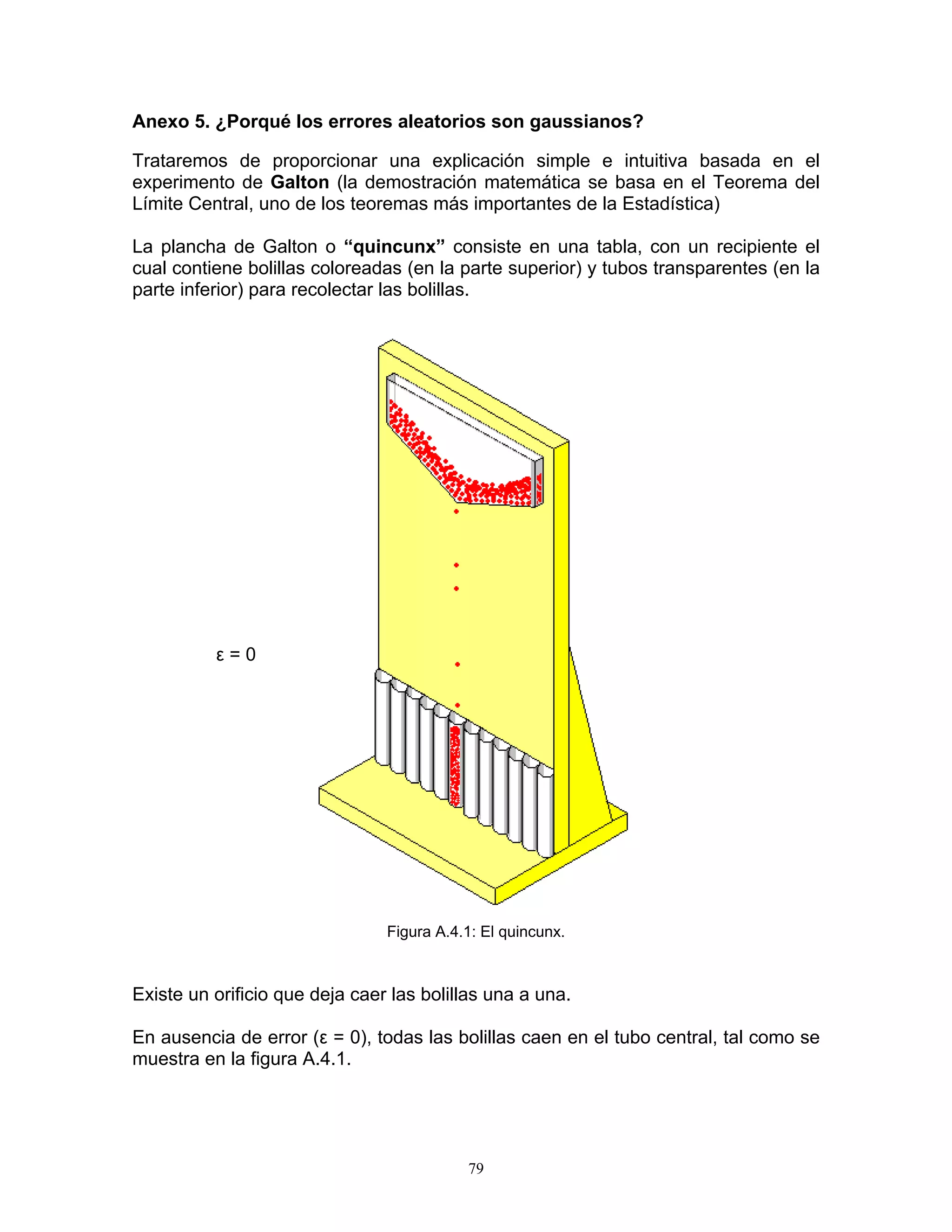 Anexo 5. ¿Porqué los errores aleatorios son gaussianos? 
Trataremos de proporcionar una explicación simple e intuitiva basada en el experimento de Galton (la demostración matemática se basa en el Teorema del Límite Central, uno de los teoremas más importantes de la Estadística) 
La plancha de Galton o “quincunx” consiste en una tabla, con un recipiente el cual contiene bolillas coloreadas (en la parte superior) y tubos transparentes (en la parte inferior) para recolectar las bolillas. 
ε = 0 
Figura A.4.1: El quincunx. 
Existe un orificio que deja caer las bolillas una a una. 
En ausencia de error (ε = 0), todas las bolillas caen en el tubo central, tal como se muestra en la figura A.4.1. 
79 
 