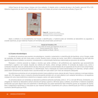 MANUALDENECROPSIA20
	 Utilize frascos de boca larga e tampa com boa vedação. A relação entre o volume da peça e do fixador varia de 1:10 a 1:20.
Obtenha fragmentos de até 3 cm3
, identificando o frasco com dados do animal e das amostras colhidas (Figura 33).
Figura 33 - Exemplo de colheita,
acondicionamento e envio de amostras
destinadas a exame histopatológico.
	 Após a colheita e os procedimentos de fixação e identificação, o material pode ser remetido ao laboratório ou aguardar a
ocasião oportuna, já que materiais fixados em formalina são preservados ad eternum.
Solução de Formalina a 10%
24 horas - tempo médio de fixação para fragmentos de até 3 cm3
Formol comercial (37%) - 100 mL
Água destilada ou filtrada - 900 mL
	 8.2 Exame microbiológico
	 A colheita de amostras para exames microbiológicos, visando o isolamento e a identificação de bactérias, vírus e fungos, pode
ser realizada, em média, até seis horas após a morte. Quanto maior o tempo de morte, mais difícil a interpretação da real ação dos
agentes bacterianos isolados na amostra, considerando a contaminação bacteriana relacionada ao processo de autólise.
	 Manipule o mínimo possível os órgãos e tecidos que serão colhidos e dê preferência aos segmentos que possivelmente
contenham o agente a ser isolado. Quando da colheita de fluidos, utilize seringas estéreis. O conteúdo de órgãos ocos, como o
conteúdo intestinal, deve ser colhido dentro da alça. Para isto, amarre as extremidades de um segmento de 10 a 20 cm de comprimento,
seccione e siga com o acondicionamento e a identificação. Para a realização do exame bacteriológico em diarreias, sempre utilizar
swab estéril diretamente da ampola retal e acondicionado em tubo estéril com meio de transporte adequado.
	 Acondicione as amostras em um recipiente primário (sacos plásticos novos, placas de petri, frascos coletores e seringas estéreis,
swab, etc). Em seguida, insira o conjunto amostra/recipiente primário em um saco plástico com vedação hermética e, na sequência,
coloque em uma caixa isotérmica e preencha os espaços vazios com gelo reciclável.
	 As amostras devem ser remetidas ao laboratório preferencialmente resfriadas, entre 2 - 8 o
C, e em até 48 horas. Entretanto, se a
chegada do material ao laboratório estiver prevista em tempo superior a 48 horas após a colheita, encaminhar o material congelado,
lembrando que para alguns tipos de isolamento e identificação isso pode representar fator limitante quanto ao resultado do exame.
Para o diagnóstico bacteriano e viral pode-se usar material resfriado: (isolamento em cultura e identificação por PCR) ou congelado
(somente identificação por PCR).
 