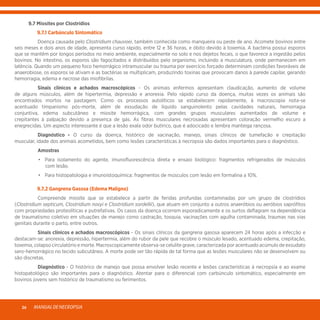 MANUALDENECROPSIA26
	 9.7 Miosites por Clostrídios
	 9.7.1 Carbúnculo Sintomático
	 Doença causada pelo Clostridium chauvoei, também conhecida como manqueira ou peste de ano. Acomete bovinos entre
seis meses e dois anos de idade, apresenta curso rápido, entre 12 e 36 horas, e óbito devido à toxemia. A bactéria possui esporos
que se mantêm por longos períodos no meio ambiente, especialmente no solo e nos dejetos fecais, o que favorece a ingestão pelos
bovinos. No intestino, os esporos são fagocitados e distribuídos pelo organismo, incluindo a musculatura, onde permanecem em
latência. Quando um pequeno foco hemorrágico intramuscular ou trauma por exercício forçado determinam condições favoráveis de
anaerobiose, os esporos se ativam e as bactérias se multiplicam, produzindo toxinas que provocam danos à parede capilar, gerando
hemorragia, edema e necrose das miofibrilas.
	 Sinais clínicos e achados macroscópicos - Os animais enfermos apresentam claudicação, aumento de volume
de alguns músculos, além de hipertermia, depressão e anorexia. Pelo rápido curso da doença, muitas vezes os animais são
encontrados mortos na pastagem. Como os processos autolíticos se estabelecem rapidamente, à macroscopia nota-se
acentuado timpanismo pós-morte, além de exsudação de líquido sanguinolento pelas cavidades naturais, hemorragia
conjuntiva, edema subcutâneo e miosite hemorrágica, com grandes grupos musculares aumentados de volume e
crepitantes à palpação devido a presença de gás. As fibras musculares necrosadas apresentam coloração vermelho escuro a
enegrecidas. Um aspecto interessante é que a lesão exala odor butírico, que é adocicado e lembra manteiga rançosa.
	 Diagnóstico - O curso da doença, histórico de vacinação, manejo, sinais clínicos de tumefação e crepitação
muscular, idade dos animais acometidos, bem como lesões características à necropsia são dados importantes para o diagnóstico.
	Amostras
	 •	 Para isolamento do agente, imunofluorescência direta e ensaio biológico: fragmentos refrigerados de músculos
com lesão.
	 •	 Para histopatologia e imunoistoquímica: fragmentos de músculos com lesão em formalina a 10%.
	 9.7.2 Gangrena Gasosa (Edema Maligno)
	 Compreende miosite que se estabelece a partir de feridas profundas contaminadas por um grupo de clostrídios
(Clostridium septicum, Clostridium novyi e Clostridium sordellii), que atuam em conjunto a outros anaeróbios ou aeróbios saprófitos
com propriedades proteolíticas e putrefativas. Os casos da doença ocorrem esporadicamente e os surtos deflagram na dependência
de traumatismo coletivo em situações de manejo como castração, tosquia, vacinações com agulha contaminada, traumas nas vias
genitais durante o parto, entre outros.
	 Sinais clínicos e achados macroscópicos - Os sinais clínicos da gangrena gasosa aparecem 24 horas após a infecção e
destacam-se: anorexia, depressão, hipertermia, além do rubor da pele que recobre o músculo lesado, acentuado edema, crepitação,
toxemia, colapso circulatório e morte. Macroscopicamente observa-se celulite grave, caracterizada por acentuado acúmulo de exsudato
sero-hemorrágico no tecido subcutâneo. A morte pode ser tão rápida de tal forma que as lesões musculares não se desenvolvem ou
são discretas.
	Diagnóstico - O histórico de manejo que possa envolver lesão recente e lesões características à necropsia e ao exame
histopatológico são importantes para o diagnóstico. Atentar para o diferencial com carbúnculo sintomático, especialmente em
bovinos jovens sem histórico de traumatismo ou ferimentos.
 