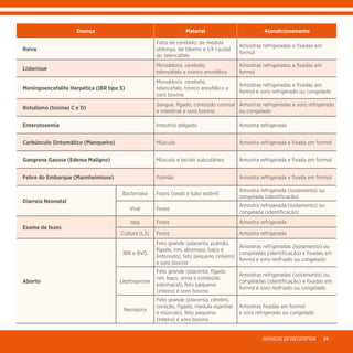 MANUALDENECROPSIA 29
Doença Material Acondicionamento
Raiva
Fatia de cerebelo, de medula
oblonga, de tálamo e 1/4 caudal
do telencáfalo
Amostras refrigeradas e fixadas em
formol
Listeriose
Monobloco, cerebelo,
telencéfalo e tronco encefálico
Amostras refrigeradas e fixadas em
formol
Meningoencefalite Herpética (IBR tipo 5)
Monobloco, cerebelo,
telencéfalo, tronco encefálico e
soro bovino
Amostras refrigeradas e fixadas em
formol e soro refrigerado ou congelado
Botulismo (toxinas C e D)
Sangue, fígado, conteúdo ruminal
e intestinal e soro bovino
Amostras refrigeradas e soro refrigerado
ou congelado
Enterotoxemia Intestino delgado Amostra refrigerada
Carbúnculo Sintomático (Manqueira) Músculo Amostra refrigerada e fixada em formol
Gangrena Gasosa (Edema Maligno) Músculo e tecido subcutâneo Amostra refrigerada e fixada em formol
Febre do Embarque (Mannheimiose) Pulmão Amostra refrigerada e fixada em formol
Diarreia Neonatal
Bacteriana Fezes (swab e tubo estéril)
Amostra refrigerada (isolamento) ou
congelada (identificação)
Viral Fezes
Amostra refrigerada (isolamento) ou
congelada (identificação)
Exame de fezes
opg Fezes Amostra refrigerada
Cultura (L3) Fezes Amostra refrigerada
Aborto
IBR e BVD
Feto grande (placenta, pulmão,
fígado, rim, abomaso, baço e
linfonodo), feto pequeno (inteiro)
e soro bovino
Amostras refrigeradas (isolamento) ou
congeladas (identificação) e fixadas em
formol e soro resfriado ou congelado
Leptospirose
Feto grande (placenta, fígado
rim, baço, urina e conteúdo
estomacal), feto pequeno
(inteiro) e soro bovino
Amostras refrigeradas (isolamento) ou
congeladas (identificação) e fixadas em
formol e soro resfriado ou congelado
Neospora
Feto grande (placenta, cérebro,
coração, fígado, medula espinhal
e músculo), feto pequeno
(inteiro) e soro bovino
Amostras fixadas em formol
e soro refrigerado ou congelado
 