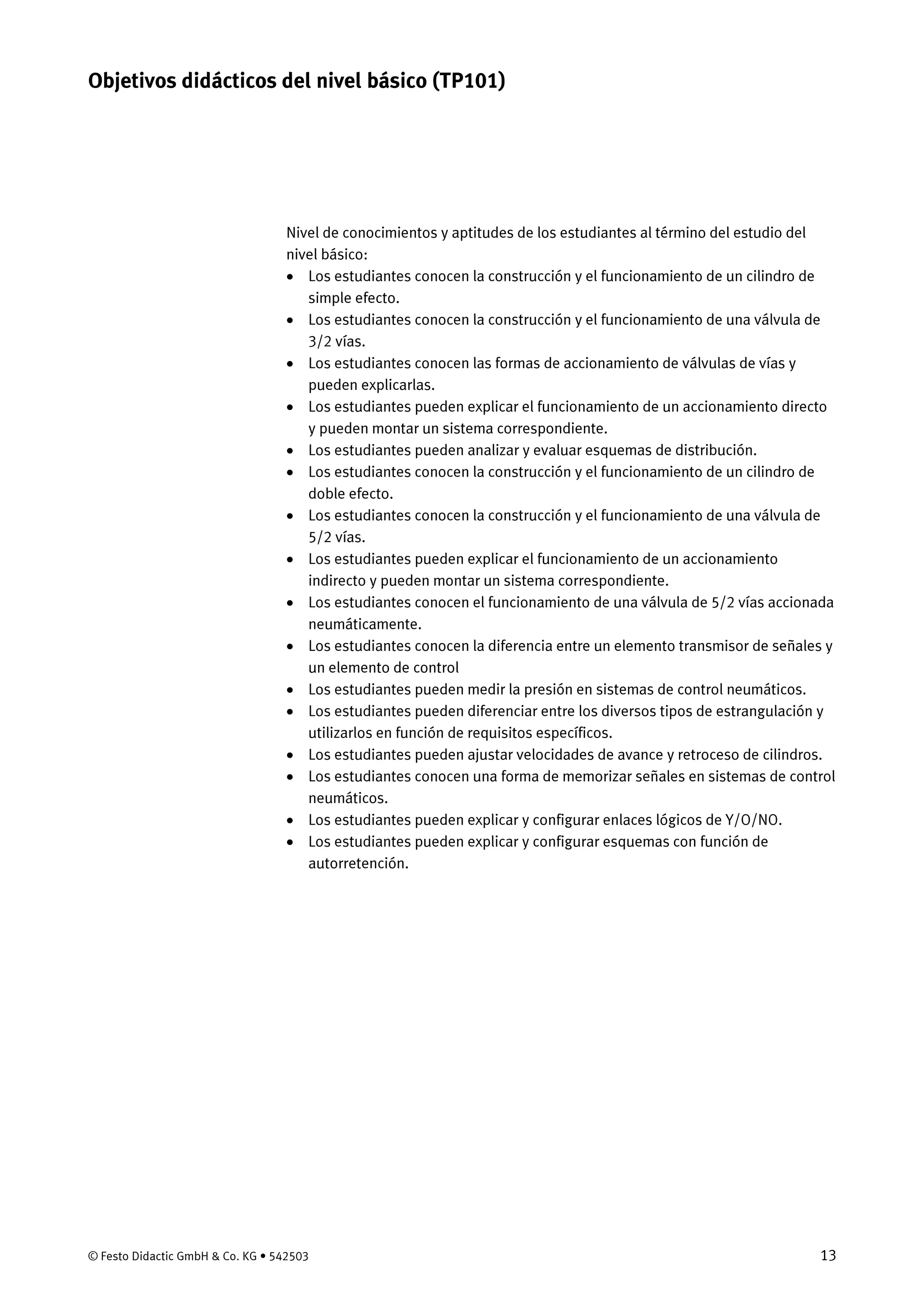 © Festo Didactic GmbH & Co. KG • 542503 13
Nivel de conocimientos y aptitudes de los estudiantes al término del estudio del
nivel básico:
• Los estudiantes conocen la construcción y el funcionamiento de un cilindro de
simple efecto.
• Los estudiantes conocen la construcción y el funcionamiento de una válvula de
3/2 vías.
• Los estudiantes conocen las formas de accionamiento de válvulas de vías y
pueden explicarlas.
• Los estudiantes pueden explicar el funcionamiento de un accionamiento directo
y pueden montar un sistema correspondiente.
• Los estudiantes pueden analizar y evaluar esquemas de distribución.
• Los estudiantes conocen la construcción y el funcionamiento de un cilindro de
doble efecto.
• Los estudiantes conocen la construcción y el funcionamiento de una válvula de
5/2 vías.
• Los estudiantes pueden explicar el funcionamiento de un accionamiento
indirecto y pueden montar un sistema correspondiente.
• Los estudiantes conocen el funcionamiento de una válvula de 5/2 vías accionada
neumáticamente.
• Los estudiantes conocen la diferencia entre un elemento transmisor de señales y
un elemento de control
• Los estudiantes pueden medir la presión en sistemas de control neumáticos.
• Los estudiantes pueden diferenciar entre los diversos tipos de estrangulación y
utilizarlos en función de requisitos específicos.
• Los estudiantes pueden ajustar velocidades de avance y retroceso de cilindros.
• Los estudiantes conocen una forma de memorizar señales en sistemas de control
neumáticos.
• Los estudiantes pueden explicar y configurar enlaces lógicos de Y/O/NO.
• Los estudiantes pueden explicar y configurar esquemas con función de
autorretención.
Objetivos didácticos del nivel básico (TP101)
 