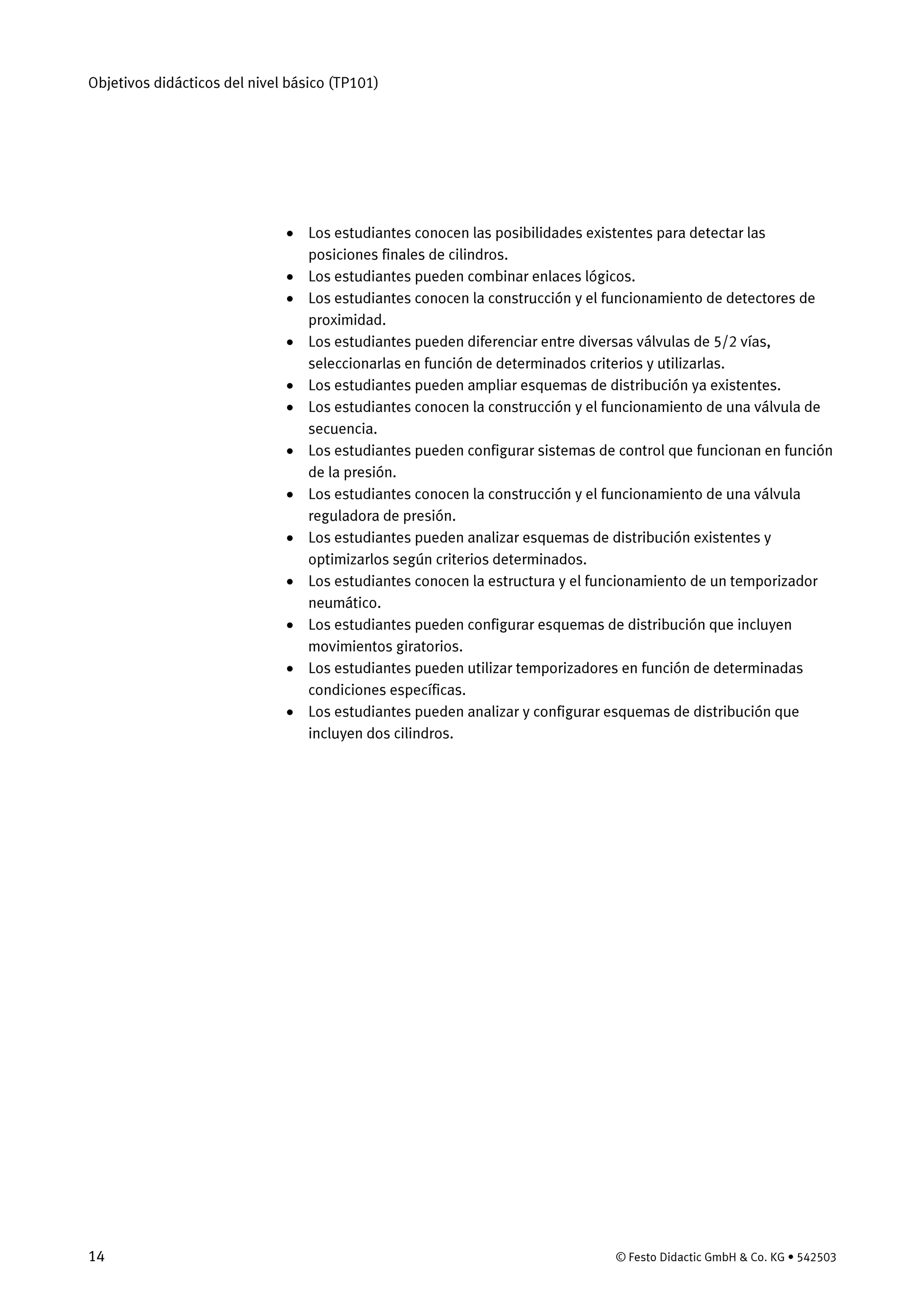 Objetivos didácticos del nivel básico (TP101)
14 © Festo Didactic GmbH & Co. KG • 542503
• Los estudiantes conocen las posibilidades existentes para detectar las
posiciones finales de cilindros.
• Los estudiantes pueden combinar enlaces lógicos.
• Los estudiantes conocen la construcción y el funcionamiento de detectores de
proximidad.
• Los estudiantes pueden diferenciar entre diversas válvulas de 5/2 vías,
seleccionarlas en función de determinados criterios y utilizarlas.
• Los estudiantes pueden ampliar esquemas de distribución ya existentes.
• Los estudiantes conocen la construcción y el funcionamiento de una válvula de
secuencia.
• Los estudiantes pueden configurar sistemas de control que funcionan en función
de la presión.
• Los estudiantes conocen la construcción y el funcionamiento de una válvula
reguladora de presión.
• Los estudiantes pueden analizar esquemas de distribución existentes y
optimizarlos según criterios determinados.
• Los estudiantes conocen la estructura y el funcionamiento de un temporizador
neumático.
• Los estudiantes pueden configurar esquemas de distribución que incluyen
movimientos giratorios.
• Los estudiantes pueden utilizar temporizadores en función de determinadas
condiciones específicas.
• Los estudiantes pueden analizar y configurar esquemas de distribución que
incluyen dos cilindros.
 
