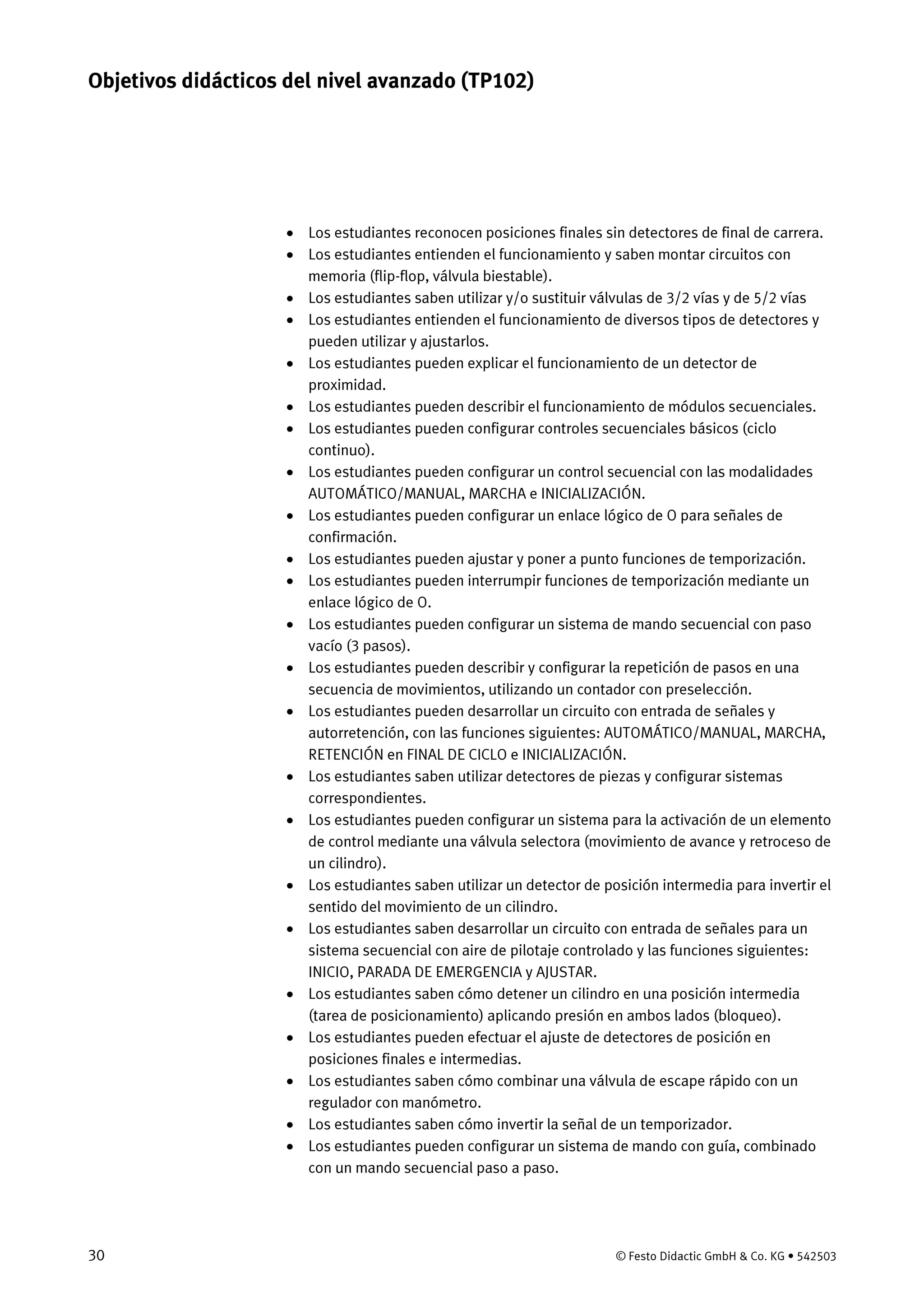 30 © Festo Didactic GmbH & Co. KG • 542503
• Los estudiantes reconocen posiciones finales sin detectores de final de carrera.
• Los estudiantes entienden el funcionamiento y saben montar circuitos con
memoria (flip-flop, válvula biestable).
• Los estudiantes saben utilizar y/o sustituir válvulas de 3/2 vías y de 5/2 vías
• Los estudiantes entienden el funcionamiento de diversos tipos de detectores y
pueden utilizar y ajustarlos.
• Los estudiantes pueden explicar el funcionamiento de un detector de
proximidad.
• Los estudiantes pueden describir el funcionamiento de módulos secuenciales.
• Los estudiantes pueden configurar controles secuenciales básicos (ciclo
continuo).
• Los estudiantes pueden configurar un control secuencial con las modalidades
AUTOMÁTICO/MANUAL, MARCHA e INICIALIZACIÓN.
• Los estudiantes pueden configurar un enlace lógico de O para señales de
confirmación.
• Los estudiantes pueden ajustar y poner a punto funciones de temporización.
• Los estudiantes pueden interrumpir funciones de temporización mediante un
enlace lógico de O.
• Los estudiantes pueden configurar un sistema de mando secuencial con paso
vacío (3 pasos).
• Los estudiantes pueden describir y configurar la repetición de pasos en una
secuencia de movimientos, utilizando un contador con preselección.
• Los estudiantes pueden desarrollar un circuito con entrada de señales y
autorretención, con las funciones siguientes: AUTOMÁTICO/MANUAL, MARCHA,
RETENCIÓN en FINAL DE CICLO e INICIALIZACIÓN.
• Los estudiantes saben utilizar detectores de piezas y configurar sistemas
correspondientes.
• Los estudiantes pueden configurar un sistema para la activación de un elemento
de control mediante una válvula selectora (movimiento de avance y retroceso de
un cilindro).
• Los estudiantes saben utilizar un detector de posición intermedia para invertir el
sentido del movimiento de un cilindro.
• Los estudiantes saben desarrollar un circuito con entrada de señales para un
sistema secuencial con aire de pilotaje controlado y las funciones siguientes:
INICIO, PARADA DE EMERGENCIA y AJUSTAR.
• Los estudiantes saben cómo detener un cilindro en una posición intermedia
(tarea de posicionamiento) aplicando presión en ambos lados (bloqueo).
• Los estudiantes pueden efectuar el ajuste de detectores de posición en
posiciones finales e intermedias.
• Los estudiantes saben cómo combinar una válvula de escape rápido con un
regulador con manómetro.
• Los estudiantes saben cómo invertir la señal de un temporizador.
• Los estudiantes pueden configurar un sistema de mando con guía, combinado
con un mando secuencial paso a paso.
Objetivos didácticos del nivel avanzado (TP102)
 