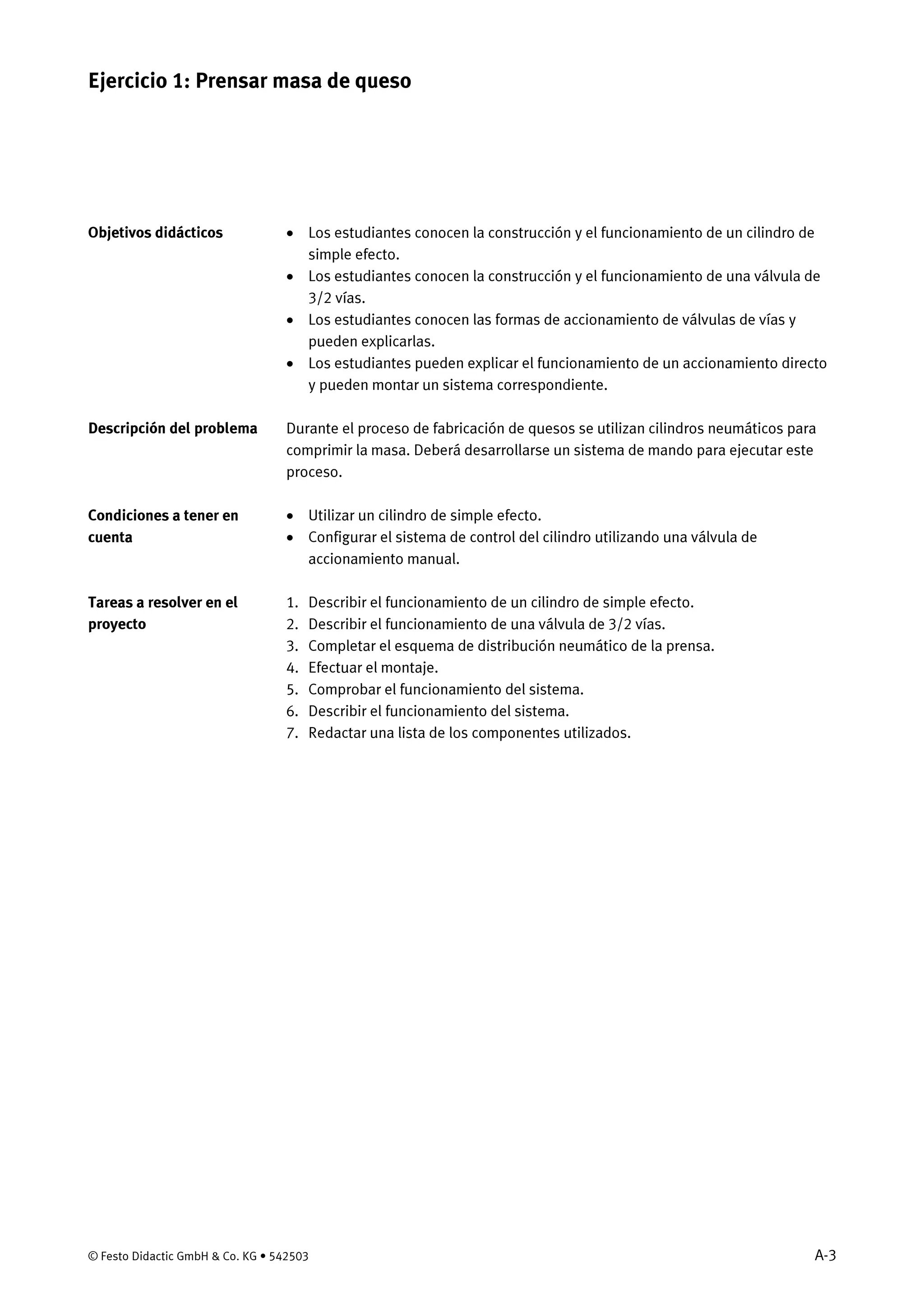 © Festo Didactic GmbH & Co. KG • 542503 A-3
• Los estudiantes conocen la construcción y el funcionamiento de un cilindro de
simple efecto.
• Los estudiantes conocen la construcción y el funcionamiento de una válvula de
3/2 vías.
• Los estudiantes conocen las formas de accionamiento de válvulas de vías y
pueden explicarlas.
• Los estudiantes pueden explicar el funcionamiento de un accionamiento directo
y pueden montar un sistema correspondiente.
Durante el proceso de fabricación de quesos se utilizan cilindros neumáticos para
comprimir la masa. Deberá desarrollarse un sistema de mando para ejecutar este
proceso.
• Utilizar un cilindro de simple efecto.
• Configurar el sistema de control del cilindro utilizando una válvula de
accionamiento manual.
1. Describir el funcionamiento de un cilindro de simple efecto.
2. Describir el funcionamiento de una válvula de 3/2 vías.
3. Completar el esquema de distribución neumático de la prensa.
4. Efectuar el montaje.
5. Comprobar el funcionamiento del sistema.
6. Describir el funcionamiento del sistema.
7. Redactar una lista de los componentes utilizados.
Ejercicio 1: Prensar masa de queso
Objetivos didácticos
Descripción del problema
Condiciones a tener en
cuenta
Tareas a resolver en el
proyecto
 