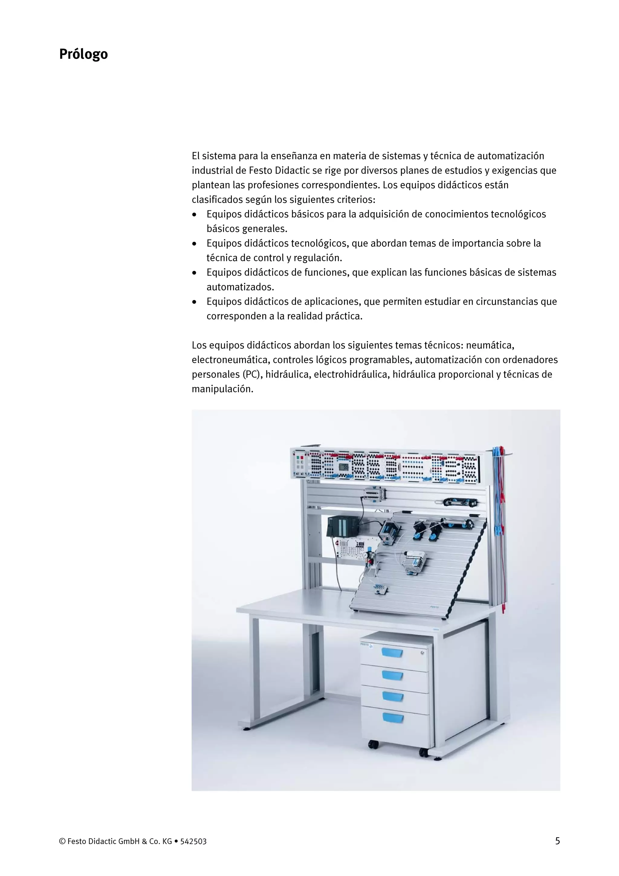 © Festo Didactic GmbH & Co. KG • 542503 5
El sistema para la enseñanza en materia de sistemas y técnica de automatización
industrial de Festo Didactic se rige por diversos planes de estudios y exigencias que
plantean las profesiones correspondientes. Los equipos didácticos están
clasificados según los siguientes criterios:
• Equipos didácticos básicos para la adquisición de conocimientos tecnológicos
básicos generales.
• Equipos didácticos tecnológicos, que abordan temas de importancia sobre la
técnica de control y regulación.
• Equipos didácticos de funciones, que explican las funciones básicas de sistemas
automatizados.
• Equipos didácticos de aplicaciones, que permiten estudiar en circunstancias que
corresponden a la realidad práctica.
Los equipos didácticos abordan los siguientes temas técnicos: neumática,
electroneumática, controles lógicos programables, automatización con ordenadores
personales (PC), hidráulica, electrohidráulica, hidráulica proporcional y técnicas de
manipulación.
Prólogo
 