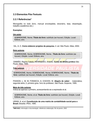 26
3.3 Elementos Pós-Textuais
3.3.1 Referências²
Monografia no todo (livro, manual enciclopédia, dicionário, tese, dissertação,
trabalho acadêmico etc.)
Exemplos:
Um autor
GIL, A. C. Como elaborar projetos de pesquisa. 4. ed. São Paulo: Atlas, 2002.
Dois autores
DAMIÃO, Regina Toledo; HENRIQUES, Antonio. Curso de direito jurídico São
Paulo: Atlas, 1995.
Três autores
PASSOS, L. M. M; FONSECA, A; CHAVES, M. Alegria de saber: matemática,
segunda série, 2, primeiro grau: livro do professor. São Paulo: Scipione, 1995.
Mais de três autores
Indica-se apenas o primeiro, acrescentando-se a expressão et al.
URANI, A. et al. Constituição de uma matriz de contabilidade social para o
Brasil. Brasília: IPEA, 1994.
²NBR 6023: informação e documentação: referência e elaboração. Rio de janeiro, 2002
SOBRENOME, Nome. Título do livro: subtítulo (se houver). Edição. Local:
Editora, ano.
SOBRENOME, Nome; SOBRENOME, Nome. Título do livro: subtítulo (se
houver). Edição. Local: Editora, ano.
SOBRENOME, Nome; SOBRENOME, Nome; SOBRENOME, Nome. Título do
livro: subtítulo (se houver). Edição. Local: Editora, ano.
SOBRENOME, Nome. et al. Título do livro: subtítulo (se houver). Edição. Local:
Editora, ano.
 