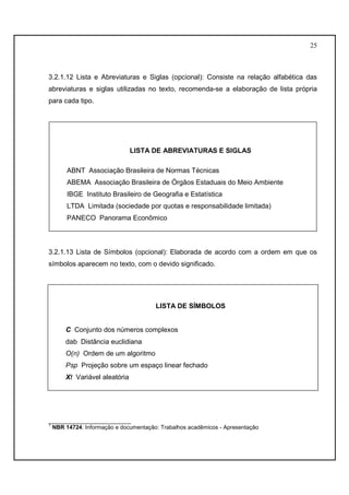 25 
3.2.1.12 Lista e Abreviaturas e Siglas (opcional): Consiste na relação alfabética das 
abreviaturas e siglas utilizadas no texto, recomenda-se a elaboração de lista própria 
para cada tipo. 
LISTA DE ABREVIATURAS E SIGLAS 
ABNT Associação Brasileira de Normas Técnicas 
ABEMA Associação Brasileira de Órgãos Estaduais do Meio Ambiente 
IBGE Instituto Brasileiro de Geografia e Estatística 
LTDA Limitada (sociedade por quotas e responsabilidade limitada) 
PANECO Panorama Econômico 
3.2.1.13 Lista de Símbolos (opcional): Elaborada de acordo com a ordem em que os 
símbolos aparecem no texto, com o devido significado. 
LISTA DE SÍMBOLOS 
C Conjunto dos números complexos 
dab Distância euclidiana 
O(n) Ordem de um algoritmo 
Psp Projeção sobre um espaço linear fechado 
Xt Variável aleatória 
__________________________ 
1 NBR 14724: Informação e documentação: Trabalhos acadêmicos - Apresentação 
 