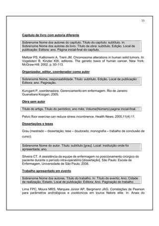 35 
Capítulo de livro com autoria diferente 
Sobrenome Nome dos autores do capítulo. Título do capítulo: subtítulo. In: 
Sobrenome Nome dos autores do livro. Título da obra: subtítulo. Edição. Local de 
publicação: Editora; ano. Página inicial-final do capítulo. 
Meltzer PS, Kallioniemi A, Trent JM. Chromosome alterations in human solid tumors. In: 
Vogelstein B, Kinzler KW, editores. The genetic basis of human cancer. New York: 
McGraw-Hill; 2002. p. 93-113. 
Organizador, editor, coordenador como autor 
Sobrenome Nome, responsabilidade. Título: subtítulo. Edição. Local de publicação: 
Editora; ano. Paginação. 
Kurcgant P, coordenadora. Gerenciamento em enfermagem. Rio de Janeiro: 
Guanabara Koogan; 2005. 
Obra sem autor 
Título do artigo. Título do periódico; ano mês; Volume(Número):pagina inicial-final. 
Pelvic floor exercise can reduce stress incontinence. Health News; 2005;11(4):11. 
Dissertações e teses 
Grau (mestrado – dissertação; tese – doutorado; monografia – trabalho de conclusão de 
curso). 
Sobrenome Nome do autor. Título: subtítulo [grau]. Local: Instituição onde foi 
apresentada; ano. 
Silveira CT. A assistência da equipe de enfermagem no posicionamento cirúrgico do 
paciente durante o período intra-operatório [dissertação]. São Paulo: Escola de 
Enfermagem, Universidade de São Paulo; 2008. 
Trabalho apresentado em evento 
Sobrenome Nome dos autores. Título do trabalho. In: Título do evento; Ano; Cidade 
de realização, Estado. Local de publicação: Editora; Ano. Paginação do trabalho 
Lima FPC, Moura MRS, Marques Júnior AP, Bergmann JAG. Correlações de Pearson 
para parâmetros andrológicos e zootécnicos em touros Nelore elite. In: Anais do 
 
