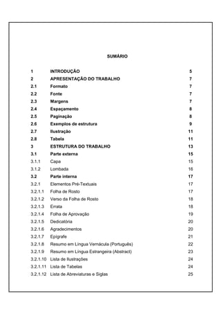 3 
SUMÁRIO 
1 INTRODUÇÃO 5 
2 APRESENTAÇÃO DO TRABALHO 7 
2.1 Formato 7 
2.2 Fonte 7 
2.3 Margens 7 
2.4 Espaçamento 8 
2.5 Paginação 8 
2.6 Exemplos de estrutura 9 
2.7 Ilustração 11 
2.8 Tabela 11 
3 ESTRUTURA DO TRABALHO 13 
3.1 Parte externa 15 
3.1.1 Capa 15 
3.1.2 Lombada 16 
3.2 Parte interna 17 
3.2.1 Elementos Pré-Textuais 17 
3.2.1.1 Folha de Rosto 17 
3.2.1.2 Verso da Folha de Rosto 18 
3.2.1.3 Errata 18 
3.2.1.4 Folha de Aprovação 19 
3.2.1.5 Dedicatória 20 
3.2.1.6 Agradecimentos 20 
3.2.1.7 Epígrafe 21 
3.2.1.8 Resumo em Língua Vernácula (Português) 22 
3.2.1.9 Resumo em Língua Estrangeira (Abstract) 23 
3.2.1.10 Lista de Ilustrações 24 
3.2.1.11 Lista de Tabelas 24 
3.2.1.12 Lista de Abreviaturas e Siglas 25 
 