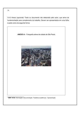 38 
3.4.3 Anexo (opcional): Texto ou documento não elaborado pelo autor, que serve de 
fundamentação para complemento do trabalho. Devem ser apresentados em uma folha 
à parte como da seguinte forma: 
ANEXO A – Fotografia aérea da cidade de São Paulo 
___________________ 
¹ NBR 14724: Informação e documentação: Trabalhos acadêmicos - Apresentação 
 
