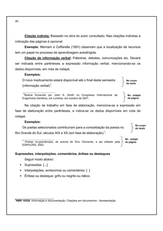 40 
Citação indireta: Baseado na obra do autor consultado. Nas citações indiretas a 
indicação das páginas é opcional. 
Exemplo: Merriam e Caffarella (1991) observam que a localização de recursos 
tem um papel no processo de aprendizagem autodirigida. 
Citação de informação verbal: Palestras, debates, comunicações etc. Deverá 
ser indicada entre parênteses a expressão informação verbal, mencionando-se os 
dados disponíveis, em nota de rodapé. 
Exemplos: 
O novo medicamento estará disponível até o final deste semestre 
No corpo 
1. 
do texto 
(informação verbal)__________________ 
1Noticia fornecida por John A. Smith no Congresso Internacional de 
Engenharia Genética, em Londres, em outubro de 2001. 
Na citação de trabalho em fase de elaboração, menciona-se a expressão em 
fase de elaboração entre parênteses, e indica-se os dados disponíveis em nota de 
rodapé. 
Exemplos: 
Os poetas selecionados contribuíram para a consolidação da poesia no 
Rio Grande do Sul, séculos XIX e XX (em fase de elaboração) 1. 
__________________ 
1 Poetas rio-grandenses, de autoria de Elvo Clemente, a ser editado pela 
EDIPUCRS, 2002. 
Supressões, interpolações, comentários, ênfase ou destaques 
Seguir modo abaixo: 
 Supressões: [...] 
 Interpolações, acréscimos ou comentários: [ ] 
 Ênfase ou destaque: grifo ou negrito ou itálico. 
__________________________ 
3NBR 10520: Informação e documentação: Citações em documentos - Apresentação 
No rodapé 
da página 
No corpo 
do texto 
No rodapé 
da página 
 