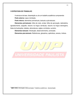 13
3 ESTRUTURA DO TRABALHO
A estrutura de tese, dissertação ou de um trabalho acadêmico compreende:
Parte externa: capa e lombada.
Parte interna: elementos pré-textuais, textuais e pós-textuais.
Elementos pré-textuais: folha de rosto, errata, folha de aprovação, dedicatória,
agradecimento, epígrafe, resumo na língua vernácula, resumo na língua estrangeira,
listas de ilustrações, tabelas, abreviaturas, siglas e símbolos, sumário.
Elementos textuais: Introdução, desenvolvimento, conclusão.
Elementos pós-textuais: Referências, glossários, apêndices, anexos, índices.
__________________________
1
NBR 14724: Informação e documentação: Trabalhos acadêmicos - Apresentação
 