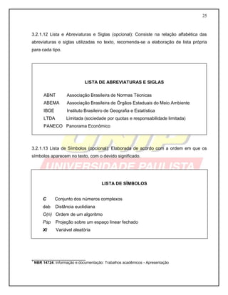 25
3.2.1.12 Lista e Abreviaturas e Siglas (opcional): Consiste na relação alfabética das
abreviaturas e siglas utilizadas no texto, recomenda-se a elaboração de lista própria
para cada tipo.
3.2.1.13 Lista de Símbolos (opcional): Elaborada de acordo com a ordem em que os
símbolos aparecem no texto, com o devido significado.
__________________________
1
NBR 14724: Informação e documentação: Trabalhos acadêmicos - Apresentação
LISTA DE ABREVIATURAS E SIGLAS
ABNT Associação Brasileira de Normas Técnicas
ABEMA Associação Brasileira de Órgãos Estaduais do Meio Ambiente
IBGE Instituto Brasileiro de Geografia e Estatística
LTDA Limitada (sociedade por quotas e responsabilidade limitada)
PANECO Panorama Econômico
LISTA DE SÍMBOLOS
C Conjunto dos números complexos
dab Distância euclidiana
O(n) Ordem de um algoritmo
Psp Projeção sobre um espaço linear fechado
Xt Variável aleatória
 