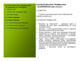 2 ESTRUTURA DOS TRABALHOS
                                 2 ESTRUTURA DOS TRABALHOS
  ACADÊMICOS (14724/2011)          ACADÊMICOS (NBR 14724/2011)
2.1 OBJETIVO
                                 2.1 OBJETIVO
2.2 TIPOS DE TRABALHOS
2.3 ESTRUTURA                        Estabelece princípios gerais para elaboração de
                                 trabalhos acadêmicos.
2.3.1 Parte externa
2.3.2 Parte interna              2.2 TIPOS DE TRABALHOS
2.3.2.1 Elementos pré-textuais
                                 •   Resenha ou fichamento - exposição sobre o
2.3.2.2 Elementos textuais           conteúdo de uma obra, acompanhada de uma
                                     avaliação crítica.
2.3.2.3 Elementos pós-textuais   •   Resumo – é uma representação sucinta e objetiva
                                     dos pontos relevantes de um texto.
                                 •   Artigo científico – texto com produção intelectual
                                     individual ou coletiva, que apresenta e discute
                                     idéias, métodos, técnicas, processos e resultados
                                     nas diversas áreas do conhecimento.
                                 •   Paper - Para a ABNT (1989) paper é um pequeno
                                     artigo científico, elaborado sobre determinado
                                     tema ou resultados de um projeto de pesquisa para
                                     comunicações em congressos e reuniões científicas,
                                     sujeitos à sua aceitação por julgamento.
                                 •   Original – apresenta temas ou abordagens
                                     próprias;
 