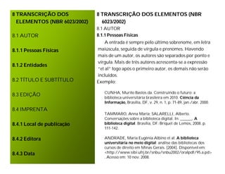 8 TRANSCRIÇÃO DOS             8 TRANSCRIÇÃO DOS ELEMENTOS (NBR
  ELEMENTOS (NBR 6023/2002)     6023/2002)
                              8.1 AUTOR
8.1 AUTOR                     8.1.1 Pessoas Físicas
                                  A entrada é sempre pelo último sobrenome, em letra
8.1.1 Pessoas Físicas         maiúscula, seguida de vírgula e prenomes. Havendo
                              mais de um autor, os autores são separados por ponto e
                              vírgula. Mais de três autores acrescenta-se a expressão
8.1.2 Entidades
                              “et al” logo após o primeiro autor, os demais não serão
                              incluídos.
8.2 TÍTULO E SUBTÍTULO        Exemplo:

                                 CUNHA, Murilo Bastos da. Construindo o futuro: a
8.3 EDIÇÃO
                                 biblioteca universitária brasileira em 2010. Ciência da
                                 Informação, Brasília, DF, v. 29, n. 1, p. 71-89, jan./abr. 2000.
8.4 IMPRENTA
                                 TAMMARO, Anna Maria; SALARELLI, Alberto.
                                 Conversações sobre a biblioteca digital. In: ______. A
8.4.1 Local de publicação        biblioteca digital. Brasília, DF: Briquet de Lemos, 2008. p.
                                 111-142.

8.4.2 Editora                    ANDRADE, Maria Eugênia Albino et al. A biblioteca
                                 universitária no meio digital: análise das bibliotecas dos
                                 cursos de direito em Minas Gerais. [2004]. Disponível em:
8.4.3 Data                       <http://www.sibi.ufrj.br/snbu/snbu2002/oralpdf/95.a.pd>
                                 . Acesso em: 10 nov. 2008.
 
