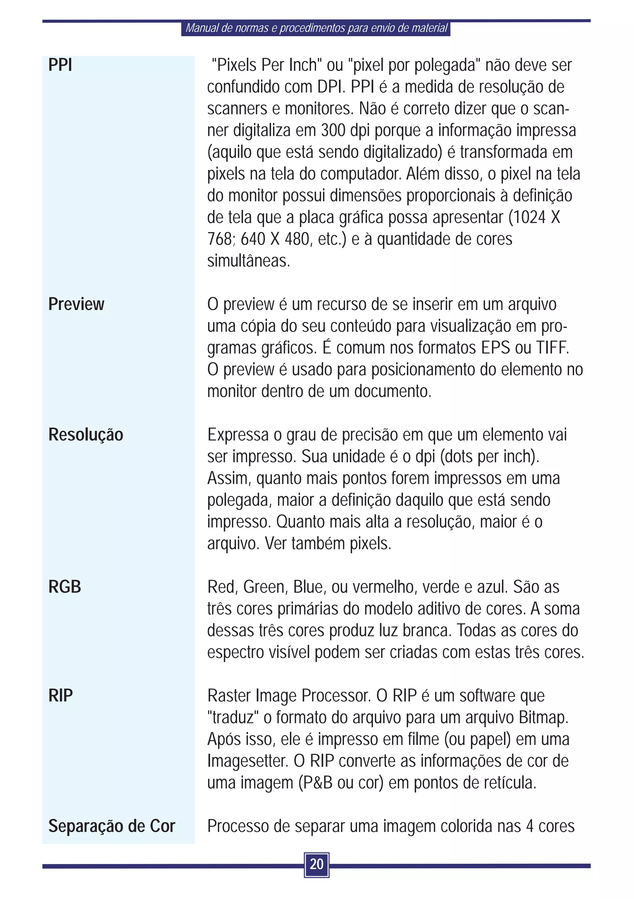 Manual de normas e procedimentos para envio de material


PPI                     "Pixels Per Inch" ou "pixel por polegada" não deve ser
                       confundido com DPI. PPI é a medida de resolução de
                       scanners e monitores. Não é correto dizer que o scan-
                       ner digitaliza em 300 dpi porque a informação impressa
                       (aquilo que está sendo digitalizado) é transformada em
                       pixels na tela do computador. Além disso, o pixel na tela
                       do monitor possui dimensões proporcionais à definição
                       de tela que a placa gráfica possa apresentar (1024 X
                       768; 640 X 480, etc.) e à quantidade de cores
                       simultâneas.

Preview                O preview é um recurso de se inserir em um arquivo
                       uma cópia do seu conteúdo para visualização em pro-
                       gramas gráficos. É comum nos formatos EPS ou TIFF.
                       O preview é usado para posicionamento do elemento no
                       monitor dentro de um documento.

Resolução              Expressa o grau de precisão em que um elemento vai
                       ser impresso. Sua unidade é o dpi (dots per inch).
                       Assim, quanto mais pontos forem impressos em uma
                       polegada, maior a definição daquilo que está sendo
                       impresso. Quanto mais alta a resolução, maior é o
                       arquivo. Ver também pixels.

RGB                    Red, Green, Blue, ou vermelho, verde e azul. São as
                       três cores primárias do modelo aditivo de cores. A soma
                       dessas três cores produz luz branca. Todas as cores do
                       espectro visível podem ser criadas com estas três cores.

RIP                    Raster Image Processor. O RIP é um software que
                       "traduz" o formato do arquivo para um arquivo Bitmap.
                       Após isso, ele é impresso em filme (ou papel) em uma
                       Imagesetter. O RIP converte as informações de cor de
                       uma imagem (P&B ou cor) em pontos de retícula.

Separação de Cor       Processo de separar uma imagem colorida nas 4 cores

                                             20
 