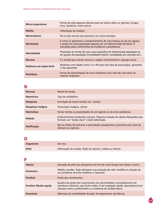 Manual de Normas e Procedimentos para Vacinação
163
Micro-organismos
Forma de vida pequena demais para ser vista a olho nu; germes, fungos,
vírus, bactérias, entre outros.
Mielite Inflamação da medula.
Monovalente Diz-se das vacinas que possuem um único sorotipo.
Morbidade
É como se apresenta o comportamento de uma doença ou de um agravo
à saúde em uma população exposta em um determinado território. É
calculada pelos coeficientes de incidência e prevalência.
Mortalidade
Proporção de mortes de uma causa específica em determinada população ou
em grupos de população (mortalidade infantil, mortalidade por sarampo etc.).
Mucosa É o tecido que reveste vísceras e órgãos internamente e segrega muco.
Mulheres em idade fértil
Mulheres com idades entre 12 e 49 anos (em fase de procriação), gestantes
e não gestantes.
Multidose
Forma de apresentação de uma substância com mais de uma dose no
mesmo recipiente.
N
Necrose Morte do tecido.
Neomicina Tipo de antibiótico.
Neoplasia Formação de novos tecidos (ex.: tumor).
Neoplasia maligna Tumoração maligna, câncer.
Neutralizar Tornar inertes as propriedades de um agente ou de uma substância.
Nódulo
Endurecimento localizado (caroço). Pequena coleção de células fibrosadas que
formam um “botão duro” e bem delimitado.
Notificação
Ato ou efeito de informar à autoridade competente a ocorrência de casos de
doenças ou agravos.
O
Organismo Ser vivo.
Otite Inflamação do ouvido. Pode ser externa, média ou interna.
P
Pápula Elevação da pele que desaparece ao fim de curto tempo sem deixar cicatriz.
Parâmetro
Padrão, escalão. Todo elemento cuja variação de valor modifica a solução de
um problema sem lhe modificar a natureza.
Paralisia Perda dos movimentos.
Paralisia flácida aguda
Quadro de perda dos movimentos nas extremidades, principalmente nos
membros inferiores, que ficam moles. É de instalação rápida. Apresenta-se em
doenças como a poliomielite e a síndrome de Guillain-Barré.
Parestesia Alteração da sensibilidade da pele; formigamento; dormência.
 