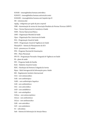 IGHAR – imunoglobulina humana antirrábica
IGHAVZ – imunoglobulina humana antivaricela zoster
IGHAHB – imunoglobulina humana anti-hepatite tipo B
IM – intramuscular
mg/kg – miligramas por quilo de peso corporal
NBR – denominação de norma da Associação Brasileira de Normas Técnicas (ABNT)
Noas – Norma Operacional de Assistência à Saúde
NOB – Norma Operacional Básica
OMS – Organização Mundial da Saúde
Opas – Organização Pan-Americana da Saúde
PAS – Programação Anual de Saúde
PAVS – Programação Anual de Vigilância em Saúde
PlanejaSUS – Sistema de Planejamento do SUS
Pn10 – pneumococo 10 valente
PNI – Programa Nacional de Imunizações
PPA – Plano Plurianual
PPI-VS – Programação Pactuada e Integrada de Vigilância em Saúde
PS – plano de saúde
PSF – Programa Saúde da Família
RAG – Relatório Anual de Gestão
RDC – Resolução da Diretoria Colegiada da Anvisa
Ripsa – Rede Interagencial de Informações para a Saúde
RSI – Regulamento Sanitário Internacional
SAA – soro antiaracnídico
SAB – soro antibotrópico
SABL – soro antibotrópico laquético
SAB – soro antibotulínico
SAC – soro anticrotálico
SAD – soro antidiftérico
SAE – soro antielapídico
SAEesc – soro antiescorpiônico
SALon – soro antilonômico
SALox – soro antiloxoscélico
SAR – soro antirrábico
SAT – soro antitetânico
SC – subcutânea
Siab – Sistema de Informação da Atenção Básica
 