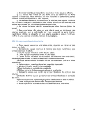 36
e) devem ser inseridas o mais próximo possível do trecho a que se referem;
f) se a tabela não couber em uma folha, deve ser continuada na folha
seguinte e, nesse caso, não é delimitada por traço horizontal na parte inferior, sendo
o título e o cabeçalho repetidos na folha seguinte;
g) nas tabelas utilizam-se fios horizontais e verticais para separar os títulos
das colunas no cabeçalho e fechá-las na parte inferior, evitando-se fios verticais para
separar as colunas e fios horizontais para separar as linhas;
h) As células da tabela não são separadas por linhas divisoras (linhas de
grade).
i) Caso uma tabela não caiba em uma página, deve ser continuada nas
páginas seguintes, sem a delimitação por traço horizontal na parte inferior,
repetindo-se o título e o cabeçalho em cada página, seguido da palavra “continua”,
no final de uma página e conclusão, no início da outra página.
4.8.2 Orientações para formatação da tabela
a) Topo: espaço superior de uma tabela, onde é inserido seu número e logo
abaixo, seu título.
b) Centralizada: espaço reservado à moldura, aos dados numéricos e aos
termos essenciais da tabela.
c) Coluna: espaço vertical do centro de uma tabela.
d) Linha: espaço horizontal do centro de uma tabela.
e) Célula: espaço resultante do cruzamento de uma linha com uma coluna,
neste espaço se inserem os dados numéricos ou sinais convencionais.
f) Rodapé: espaço inferior da tabela, em que são inseridas a fonte e as notas
explicativas.
g) Dado numérico: quantificação de fato específico observado.
h) Número: indicador numérico de uma tabela.
i) Título: indicador do conteúdo de uma tabela.
j) Moldura: conjunto de traços estruturadores de uma tabela.
k) Cabeçalho: espaço que contém os termos indicadores do conteúdo das
colunas.
l) Indicador de linha: espaço que contém os termos indicadores do conteúdo
das linhas.
m) Sinal convencional: representação gráfica substituidora do dado numérico.
n) Fonte: indicação dos responsáveis pelos dados numéricos.
o) Notas explicativas: texto esclarecedor dos elementos de uma tabela.
 