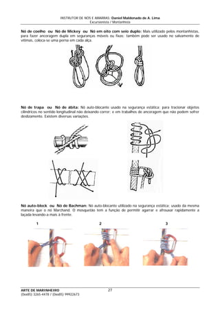 INSTRUTOR DE NÓS E AMARRAS: Daniel Maldonado de A. Lima
Excursionista / Montanhista
ARTE DE MARINHEIRO
Nó de coelho ou Nó de Mickey ou Nó em oito com seio duplo: Mais utilizado pelos montanhistas,
para fazer ancoragem dupla em seguranças móveis ou fixas; também pode ser usado no salvamento de
vítimas, coloca-se uma perna em cada alça.
Nó de trapa ou Nó de ábita: Nó auto-blocante usado na segurança estática; para tracionar objetos
cilíndricos no sentido longitudinal não deixando correr; e em trabalhos de ancoragem que não podem sofrer
deslizamento. Existem diversas variações.
Nó auto-block ou Nó de Bachman: Nó auto-blocante utilizado na segurança estática; usado da mesma
maneira que o nó Marchand. O mosquetão tem a função de permitir agarrar e afrouxar rapidamente a
laçada levando-a mais à frente.
1 2 3
27
(0xx85) 3265-4478 / (0xx85) 99922673
 