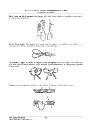 INSTRUTOR DE NÓS E AMARRAS: Daniel Maldonado de A. Lima
Excursionista / Montanhista
ARTE DE MARINHEIRO
(0xx85) 3265-4478 / (0xx85) 99922673
40
Nó de forca ou Nó de carrasco: Alça quando sob tração, aperta; usado em armadilhas para animais; e
no enforcamento de animais.
Nó de forca duplo: Alça quando sob tração, aperta; usado em armadilhas para animais; e no
enforcamento de animais, podendo ser dois animais ao mesmo tempo.
Encapeladura singela ou Volta de singela ou Nó de algema: Serve como algema. Para formar duas
alças onde ambas receberão a mesma tensão, podendo ser desfeita facilmente. E para agüentar um mastro
ou uma antena.
Falcaça: Arrematar a ponta de um cabo; ou unir objetos. Podendo ser feito de várias maneiras.
 