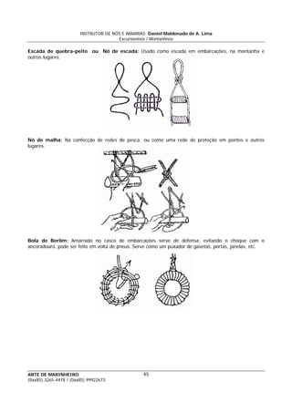 INSTRUTOR DE NÓS E AMARRAS: Daniel Maldonado de A. Lima
Excursionista / Montanhista
ARTE DE MARINHEIRO
(0xx85) 3265-4478 / (0xx85) 99922673
45
Escada de quebra-peito ou Nó de escada: Usado como escada em embarcações, na montanha e
outros lugares.
Nó de malha: Na confecção de redes de pesca; ou como uma rede de proteção em pontes e outros
lugares.
Bola de Berlim: Amarrado no casco de embarcações serve de defensa, evitando o choque com o
ancoradouro, pode ser feito em volta de pneus. Serve como um puxador de gavetas, portas, janelas, etc.
 