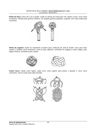 INSTRUTOR DE NÓS E AMARRAS: Daniel Maldonado de A. Lima
Excursionista / Montanhista
ARTE DE MARINHEIRO
(0xx85) 3265-4478 / (0xx85) 99922673
49
Pinha de boça: Feita com 3 ou 4 cordas, usada no chicote da corda para criar volume e peso; serve como
ornamento. Iniciada pela gacheta cilíndrica, em seguida gacheta quadrada, seguindo com cada cordão pela
sua direita.
Pinha de arganel: Usado no movimento escoteiro para confecção do anel de Giwell; serve para fazer
volume e também como ornamento. Inicia-se pelo calabrote, formando em seguida o coxim singelo, para
depois fechá-la, formando assim a pinha.
Coxim turco: Usado como tapete; pode servir como suporte para pratos e panelas e serve como
ornamento. Inicia-se pela meia-volta invertida.
 
