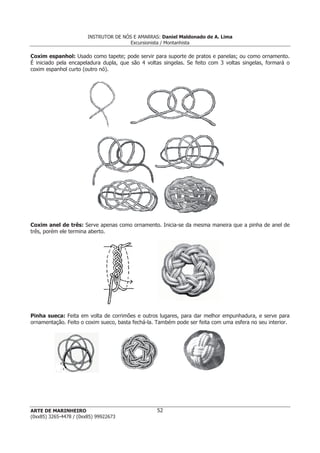 INSTRUTOR DE NÓS E AMARRAS: Daniel Maldonado de A. Lima
                                       Excursionista / Montanhista

Coxim espanhol: Usado como tapete; pode servir para suporte de pratos e panelas; ou como ornamento.
É iniciado pela encapeladura dupla, que são 4 voltas singelas. Se feito com 3 voltas singelas, formará o
coxim espanhol curto (outro nó).




Coxim anel de três: Serve apenas como ornamento. Inicia-se da mesma maneira que a pinha de anel de
três, porém ele termina aberto.




Pinha sueca: Feita em volta de corrimões e outros lugares, para dar melhor empunhadura, e serve para
ornamentação. Feito o coxim sueco, basta fechá-la. Também pode ser feita com uma esfera no seu interior.




ARTE DE MARINHEIRO                                52
(0xx85) 3265-4478 / (0xx85) 99922673
 