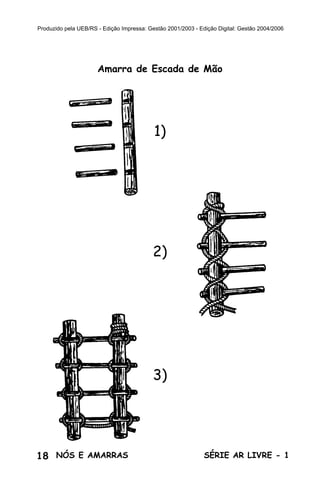 18 SÉRIE AR LIVRE - 1NÓS E AMARRAS
Produzido pela UEB/RS - Edição Impressa: Gestão 2001/2003 - Edição Digital: Gestão 2004/2006
Amarra de Escada de Mão
1)
2)
3)
 