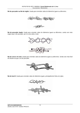INSTRUTOR DE NÓS E AMARRAS: Daniel Maldonado de A. Lima
Excursionista / Montanhista
ARTE DE MARINHEIRO
Nó de pescador ou Nó de inglês: Usado para emendar cabos de diâmetros iguais ou diferentes.
Nó de pescador duplo: Usado para emendar cabos de diâmetros iguais ou diferentes, sendo este mais
seguro que o de pescador, por ter uma volta a mais.
Nó de correr em oito: Usado para emendar cabos de diâmetros iguais ou diferentes. Sendo este mais fácil
de desatar do que o nó de pescador.
Nó de barril: Usado para emendar cabos de diâmetros iguais, principalmente feitos de nylon.
12
(0xx85) 3265-4478 / (0xx85) 99922673
 