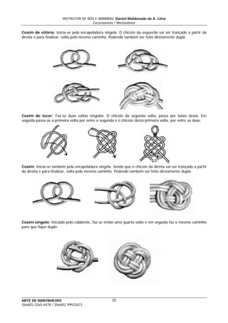 INSTRUTOR DE NÓS E AMARRAS: Daniel Maldonado de A. Lima
Excursionista / Montanhista
ARTE DE MARINHEIRO
Coxim de vitória: Inicia-se pela encapeladura singela. O chicote da esquerda vai ser trançado a partir da
direita e para finalizar, volta pelo mesmo caminho. Podendo também ser feito diretamente duplo.
Coxim de tecer: Faz-se duas voltas singelas. O chicote da segunda volta, passa por baixo desta. Em
seguida passa-se a primeira volta por entre a segunda e o chicote desta primeira volta, por entre as duas.
Coxim: Inicia-se também pela encapeladura singela. Sendo que o chicote da direita vai ser trançado a partir
da direita e para finalizar, volta pelo mesmo caminho. Podendo também ser feito diretamente duplo.
Coxim singelo: Iniciado pelo calabrote, faz-se então uma quarta volta e em seguida faz o mesmo caminho
para que fique duplo.
35
(0xx85) 3265-4478 / (0xx85) 99922673
 