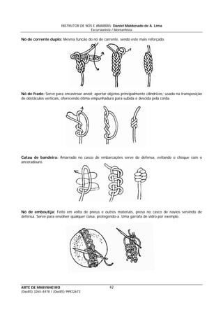 INSTRUTOR DE NÓS E AMARRAS: Daniel Maldonado de A. Lima
Excursionista / Montanhista
ARTE DE MARINHEIRO
(0xx85) 3265-4478 / (0xx85) 99922673
42
Nó de corrente duplo: Mesma função do nó de corrente, sendo este mais reforçado.
Nó de frade: Serve para encastroar anzol; apertar objetos principalmente cilíndricos; usado na transposição
de obstáculos verticais, oferecendo ótima empunhadura para subida e descida pela corda.
Catau de bandeira: Amarrado no casco de embarcações serve de defensa, evitando o choque com o
ancoradouro.
Nó de emboutija: Feito em volta de pneus e outros materiais, preso no casco de navios servindo de
defensa. Serve para envolver qualquer coisa, protegendo-a. Uma garrafa de vidro por exemplo.
 
