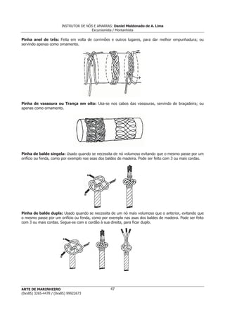 INSTRUTOR DE NÓS E AMARRAS: Daniel Maldonado de A. Lima
Excursionista / Montanhista
ARTE DE MARINHEIRO
(0xx85) 3265-4478 / (0xx85) 99922673
47
Pinha anel de três: Feita em volta de corrimões e outros lugares, para dar melhor empunhadura; ou
servindo apenas como ornamento.
Pinha de vassoura ou Trança em oito: Usa-se nos cabos das vassouras, servindo de braçadeira; ou
apenas como ornamento.
Pinha de balde singela: Usado quando se necessita de nó volumoso evitando que o mesmo passe por um
orifício ou fenda, como por exemplo nas asas dos baldes de madeira. Pode ser feito com 3 ou mais cordas.
Pinha de balde dupla: Usado quando se necessita de um nó mais volumoso que o anterior, evitando que
o mesmo passe por um orifício ou fenda, como por exemplo nas asas dos baldes de madeira. Pode ser feito
com 3 ou mais cordas. Segue-se com o cordão à sua direita, para ficar duplo.
 