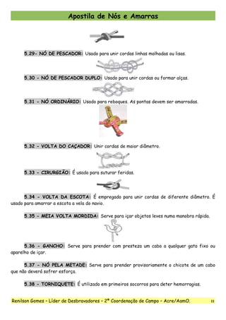 Apostila de Nós e Amarras
5.29- NÓ DE PESCADOR: Usado para unir cordas linhas molhadas ou lisas.
5.30 - NÓ DE PESCADOR DUPLO: Usado para unir cordas ou formar alças.
5.31 - NÓ ORDINÁRIO: Usado para reboques. As pontas devem ser amarradas.
5.32 - VOLTA DO CAÇADOR: Unir cordas de maior diâmetro.
5.33 - CIRURGIÃO: É usado para suturar feridas.
5.34 - VOLTA DA ESCOTA: É empregado para unir cordas de diferente diâmetro. É
usado para amarrar a escota a vela do navio.
5.35 - MEIA VOLTA MORDIDA: Serve para içar objetos leves numa manobra rápida.
5.36 - GANCHO: Serve para prender com presteza um cabo a qualquer gato fixo ou
aparelho de içar.
5.37 - NÓ PELA METADE: Serve para prender provisoriamente o chicote de um cabo
que não deverá sofrer esforça.
5.38 - TORNIQUETE: É utilizado em primeiros socorros para deter hemorragias.
Renilson Gomes – Líder de Desbravadores – 2ª Coordenação de Campo – Acre/AamO. 11
 