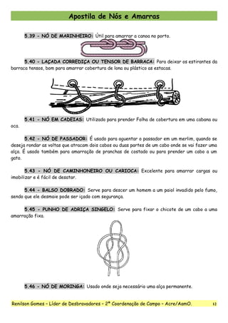 Apostila de Nós e Amarras
5.39 - NÓ DE MARINHEIRO: Útil para amarrar a canoa no porto.
5.40 - LAÇADA CORREDIÇA OU TENSOR DE BARRACA: Para deixar os estirantes da
barraca tensos, bom para amarrar cobertura de lona ou plástico as estacas.
5.41 - NÓ EM CADEIAS: Utilizado para prender Folha de cobertura em uma cabana ou
oca.
5.42 - NÓ DE PASSADOR: É usado para aguentar o passador em um merlim, quando se
deseja rondar as voltas que atracam dois cabos ou duas partes de um cabo onde se vai fazer uma
alça. É usado também para amarração de pranchas de costado ou para prender um cabo a um
gato.
5.43 - NÓ DE CAMINHONEIRO OU CARIOCA: Excelente para amarrar cargas ou
imobilizar e é fácil de desatar.
5.44 - BALSO DOBRADO: Serve para descer um homem a um paiol invadido pelo fumo,
sendo que ele desmaie pode ser içado com segurança.
5.45 - PUNHO DE ADRIÇA SINGELO: Serve para fixar o chicote de um cabo a uma
amarração fixa.
5.46 - NÓ DE MORINGA: Usado onde seja necessário uma alça permanente.
Renilson Gomes – Líder de Desbravadores – 2ª Coordenação de Campo – Acre/AamO. 12
 