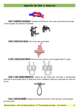 Apostila de Nós e Amarras
5.57 - DIREITO ALCEADO: Variação do Nó Direito, tem como característica principal
o fato de poder ser desfeito facilmente.
5.58 - VOLTA DA ALÇA: Para fixar uma corda dupla.
5. 59 - VOLTA DO TORTO: Parecido com o direito, é escorregadio (não é o cego).
5.60 - NÓ AMOR-PERFEITO: Consta de dois meios-nós invertidos e entrelaçados
partindo de uma laçada prévia. É ideal para iniciar trabalhos e pode ser executado em torno de
um fio.
5.61 - NÓ DE ARNÊS: Começa-se com um cote direito e faz com que o chicote passe
por baixo dele.
Renilson Gomes – Líder de Desbravadores – 2ª Coordenação de Campo – Acre/AamO. 14
 