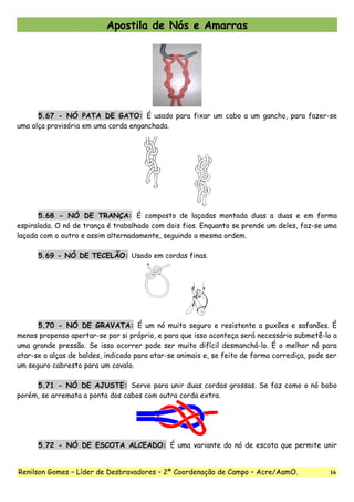 Apostila de Nós e Amarras
5.67 - NÓ PATA DE GATO: É usado para fixar um cabo a um gancho, para fazer-se
uma alça provisória em uma corda enganchada.
5.68 - NÓ DE TRANÇA: É composto de laçadas montada duas a duas e em forma
espiralada. O nó de trança é trabalhado com dois fios. Enquanto se prende um deles, faz-se uma
laçada com o outro e assim alternadamente, seguindo a mesma ordem.
5.69 - NÓ DE TECELÃO: Usado em cordas finas.
5.70 - NÓ DE GRAVATA: É um nó muito seguro e resistente a puxões e safanões. É
menos propenso apertar-se por si próprio, e para que isso aconteça será necessário submetê-lo a
uma grande pressão. Se isso ocorrer pode ser muito difícil desmanchá-lo. É o melhor nó para
atar-se a alças de baldes, indicado para atar-se animais e, se feito de forma corrediça, pode ser
um seguro cabresto para um cavalo.
5.71 - NÓ DE AJUSTE: Serve para unir duas cordas grossas. Se faz como o nó bobo
porém, se arremata a ponta dos cabos com outra corda extra.
5.72 - NÓ DE ESCOTA ALCEADO: É uma variante do nó de escota que permite unir
Renilson Gomes – Líder de Desbravadores – 2ª Coordenação de Campo – Acre/AamO. 16
 