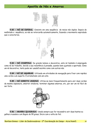 Apostila de Nós e Amarras
5.82 - NÓ DE ESPIRAL: Consiste em uma sequência de meios nós duplos. Depois de
mo0ntada a sequência, os nós se retorcerão automaticamente, fazendo o movimento espiralado
que o caracteriza.
5.83 - NÓ JOSEFINA: De grande beleza e decorativo, este nó também é empregado
como nó de trabalho, devido a sua resistência à pressão, quando bem ajustado e apertado. Como
um nó decorativo, tanto pode ser usado0 sozinho como com outros nós.
5.84 - NÓ DE AMARRAR: Utilizado em atividades de navegação para fixar com rapidez
uma corda a um suporte. É arrematado com um cote.
5.85 - NÓ DIREITO ANDINO: Utiliza-se mais frequentemente para unir duas cordas
da mesma espessura, amarrar ataduras, terminar algumas amarras, etc, por ser um nó fácil de
ser feito.
5.86 - AMARRA QUADRADA: Usada sempre que for necessário unir duas hastes ou
galhos cruzados a um ângulo de 90 graus. Inicie com o volta do fiel.
Renilson Gomes – Líder de Desbravadores – 2ª Coordenação de Campo – Acre/AamO. 19
 