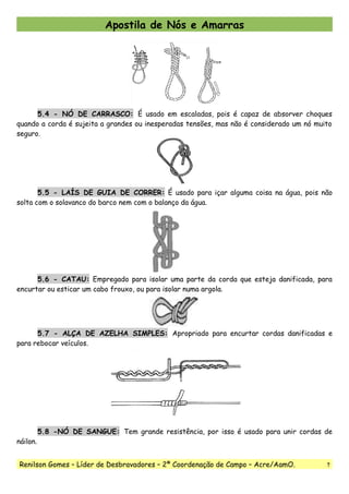 Apostila de Nós e Amarras
5.4 - NÓ DE CARRASCO: É usado em escaladas, pois é capaz de absorver choques
quando a corda é sujeita a grandes ou inesperadas tensões, mas não é considerado um nó muito
seguro.
5.5 - LAÍS DE GUIA DE CORRER: É usado para içar alguma coisa na água, pois não
solta com o solavanco do barco nem com o balanço da água.
5.6 - CATAU: Empregado para isolar uma parte da corda que esteja danificada, para
encurtar ou esticar um cabo frouxo, ou para isolar numa argola.
5.7 - ALÇA DE AZELHA SIMPLES: Apropriado para encurtar cordas danificadas e
para rebocar veículos.
5.8 -NÓ DE SANGUE: Tem grande resistência, por isso é usado para unir cordas de
náilon.
Renilson Gomes – Líder de Desbravadores – 2ª Coordenação de Campo – Acre/AamO. 7
 