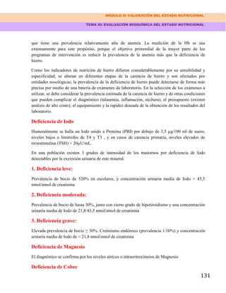 MÓDULO II: VALORACIÓN DEL ESTADO NUTRICIONAL
TEMA XI: EVALUACIÓN BIOQUÍMICA DEL ESTADO NUTRICIONAL
131
que tiene una prevalencia relativamente alta de anemia. La medición de la Hb se usa
extensamente para este propósito, porque el objetivo primordial de la mayor parte de los
programas de intervención es reducir la prevalencia de la anemia más que la deficiencia de
hierro.
Como los indicadores de nutrición de hierro difieren considerablemente por su sensibilidad y
especificidad, se alteran en diferentes etapas de la carencia de hierro y son afectados por
entidades nosológicas; la prevalencia de la deficiencia de hierro puede detectarse de forma más
precisa por medio de una batería de exámenes de laboratorio. En la selección de los exámenes a
utilizar, se debe considerar la prevalencia estimada de la carencia de hierro y de otras condiciones
que pueden complicar el diagnóstico (talasemia, inflamación, etcétera), el presupuesto (existen
análisis de alto costo), el equipamiento y la rapidez deseada de la obtención de los resultados del
laboratorio.
Deficiencia de Iodo
Humoralmente se halla un Iodo unido a Proteína (PBI) por debajo de 3,5 µg/100 ml de suero,
niveles bajos o limítrofes de T4 y T3 , y en casos de carencia primaria, niveles elevados de
tiroestimulina (TSH) > 20µU/mL.
En una población existen 3 grados de intensidad de los trastornos por deficiencia de Iodo
detectables por la excreción urinaria de este mineral.
1. Deficiencia leve:
Prevalencia de bocio de 520% en escolares, y concentración urinaria media de Iodo > 43,5
nmol/nmol de creatinina
2. Deficiencia moderada:
Prevalencia de bocio de hasta 30%, junto con cierto grado de hipotiroidismo y una concentración
urinaria media de Iodo de 21,8/43,5 nmol/nmol de creatinina
3. Deficiencia grave:
Elevada prevalencia de bocio ≥ 30%. Cretinismo endémico (prevalencia 1/10%) y concentración
urinaria media de Iodo de < 21,8 nmol/nmol de creatinina
Deficiencia de Magnesio
El diagnóstico se confirma por los niveles séricos o intraeritrocitarios de Magnesio
Deficiencia de Cobre
 