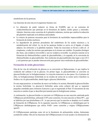 MÓDULO I: BASES FISIOLÓGICAS Y METABÓLICAS DE LA NUTRICIÓN
TEMA III: METABOLISMO DE LOS HIDRATOS DE CARBONO
15
metabolismo de las pentosas.
Las funciones de esta ruta en el organismo humano son:
La obtención de poder reductor en forma de NADPH, que es un coenzima de
oxidaciónreducción que participa en la biosíntesis de lípidos, ácidos grasos y esteroides.
Además, funciona como coenzima de la glutatión reductasa, enzima que cataliza la reducción
del glutatión implicado en la defensa antioxidante.
La síntesis de pentosas necesarias para la biosíntesis de nucleótidos imprescindibles para la
formación de ácidos nucleicos.
La degradación de pentosas procedentes del catabolismo de los ácidos nucleicos y la
metabolización del xilitol. La vía de las pentosas fosfato es activa en el hígado, el tejido
adiposo, los eritrocitos y la glándula mamaria. Todas las reacciones se llevan a cabo en el
citoplasma, y todas las enzimas que participan en la misma son solubles. Se pueden distinguir
dos fases, una oxidativa irreversible y una no oxidativa reversible. La primera consiste en la
formación de ribulosa5fosfato a partir de glucosa6fosfato, y la segunda, en la conversión de
ribulosa5fosfato en glucosa6fosfato. Seis moléculas de glucosa6fosfato dan lugar a seis CO 2
y seis pentosas que se pueden interconvertir para generar cinco moléculas de glucosa6fosfato.
Formación de ácido glucurónico
Otra de las vías de utilización de glucosa es su conversión en Dglucuronato, lo que implica la
oxidación del carbono 6 de la glucosa. En primer lugar, la glucosa6fosfato se convierte en
glucosa1fosfato por la fosfoglucomutasa. La reacción transcurre en dos pasos. En el primero de
ellos, la fosfoglucomutasa fosforilada en un residuo de serina de su centro activo transfiere su
fosfato a la a la glucosa6fosfato, dando lugar a glucosa1,6bisfosfato.
En una etapa posterior, se transfiere de nuevo un fosfato a la enzima, liberando la glucosa1fosfato
la enzima fosforilada. La glucosa1,6 bisfosfato actúa como cofactor del que se requieren
pequeñas cantidades para comenzar el proceso y que es regenerado al final. El mecanismo de esta
reacción es similar al que se describió previamente para la fosfoglicerato mutasa.
A continuación, la glucosa1fosfato se convierte en UDPglucosa en una reacción catalizada porla
UDPglucosa pirofosforilasa, utilizando UTP como coenzima. En esta reacción se libera PP i , que
se hidroliza por una pirofosfatasa a Pi , lo que provoca que la reacción se desplace en el sentido
de formación de UDPglucosa. En la siguiente reacción, la UDPglucosa se deshidrogena por la
UDPglucosa deshidrogenasa que utiliza NAD+ como coenzima y origina UDPglucuronato
igura5).
El UDPglucuronato participa como tal en la biosíntesis de polisacáridos ácidos, hialuronato
ycondroitín sulfato. Otra de las funciones del UDPglucuronato es la de ayudar a la eliminación de
 