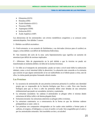 MÓDULO I: BASES FISIOLÓGICAS Y METABÓLICAS DE LA NUTRICIÓN
TEMA IV: METABOLISMO DE LAS PROTEÍNAS
25
Glutamina (GLN)
Histidina (HIS)
Ácido Glutámico (GLU)
Treonina (THR)
Asparagina (ASM)
Isoleucina (ILE)
Ácido Aspártico (ASP)
Las alteraciones de los aminoácidos: son errores metabólicos congénitos y se conocen como
aminoácidopatías. Son debidas 2 causas:
1·- Debido a un déficit enzimático:
A·- Fenil-cetonuria: es un acumulo de fenilalanina y sus derivados (tóxicos para el cerebro) en
sangre y orina debido a un déficit de fenilalanina-hidroxilasa.
B·- Son trastorno del ciclo de la urea: sería hiperamoniemia (que significa un aumento de
amoniaco) por déficit de enzimas implicados.
C·- Albinismo: falta de pigmentación en la piel debido a que la tiroxina no puede ser
transformada en melanina debido a la falta de la enzima tiroxinasa.
2·- Un fallo en el transporte de aminoácidos: puede ser tanto a nivel renal (falla la reabsorción
tubular), como a nivel intestinal (falla la absorción). La alteración más conocida es la cistinuria
que consiste en que alguno aminoácidos al no ser reabsorbidos en el túbulo pasan a orina, uno de
ellos, la cistina puede precipitar formando cálculo renales
Las Proteínas
La secuencia de aminoácidos de una proteína (estructura primaria) le confiere una identidad
propia que es responsable de la función biológica que lleva a cabo. Pero esta función
biológica para que se lleve a cabo las proteínas deben estar dotadas de una estructura
tridimensional que puede ser secundaria, terciaria y cuaternaria.
La estructura secundaria: las cadenas d aminoácidos se pliegan sobre sí mismas dando
estructuras de hélice (alfa) o de lámina plegada (beta)
Estructura terciaria: las estructuras anteriores se pliegan sobre si mismas.
La estructura cuaternaria: es a consecuencia de la forma en que las distintas cadenas
polipeptídicas se unen entre sí.
Las proteínas son compuestos nitrogenados en los cuales entra también a formar parte el
carbono, el oxígeno, el hidrógeno y a veces el azufre o el yodo. Son coagulables por el calor y
por los aminoácidos minerales. Son insolubles en éter y en alcohol.
 