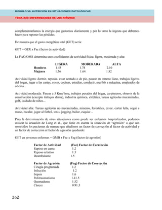 MODULO VI: NUTRICIÓN EN SITUACIONES PATOLÓGICAS
TEMA XXI: ENFERMEDADES DE LOS RIÑONES
262
complementaríamos la energía que gastamos diariamente y por lo tanto la ingesta que debemos
hacer para reponer las pérdidas.
De manera que el gasto energético total (GET) sería:
GET = GER x Fac (factor de actividad)
La FAO/OMS determina unos coeficientes de actividad física: ligera, moderada y alta:
LIGERA MODERADA ALTA
Hombres 1.55 1.78 2.10
Mujeres 1.56 1.64 1.82
Actividad ligera: dormir, reposar, estar sentado o de pie, pasear en terreno llano, trabajos ligeros
del hogar, jugar a las cartas, coser, cocinar, estudiar, conducir, escribir a máquina, empleados de
oficina...
Actividad moderada: Pasear a 5 Kms/hora, trabajos pesados del hogar, carpinteros, obreros de la
construcción (excepto trabajos duros), industria química, eléctrica, tareas agrícolas mecanizadas,
golf, cuidado de niños...
Actividad alta: Tareas agrícolas no mecanizadas, mineros, forestales, cavar, cortar leña, segar a
mano, escalar, jugar al fútbol, tenis, jogging, bailar, esquiar...
Para la determinación de otras situaciones como puede ser enfermos hospitalizados, podemos
utilizar la ecuación de Long et al., que tiene en cuenta la situación de "agresión" a que son
sometidos los pacientes de manera que añadimos un factor de corrección al factor de actividad y
un factor de corrección al factor de agresión quedando:
GET en personas enfermas = GMB x Fac x Fag (factor de agresión)
Factor de Actividad (Fac) Factor de Corrección
Reposo en cama 1.2
Reposo relativo 1.3
Deambulante 1.5
Factor de Agresión (Fag) Factor de Corrección
Cirugía programada 1.2
Infección 1.2
Sepsis 1.6
Politraumatismo 1.41.5
Quemaduras 1.52
Cáncer 0.91.3
 