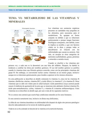 MÓDULO I: BASES FISIOLÓGICAS Y METABÓLICAS DE LA NUTRICIÓN
TEMA VI: METABOLISMO DE LAS VITAMINAS Y MINERALES
42
TEMA VI: METABOLISMO DE LAS VITAMINAS Y
MINERALES
Las vitaminas son sustancias orgánicas
presentes en cantidades muy pequeñas en
los alimentos, pero necesarias para el
metabolismo. Se agrupan en forma
conjunta no debido a que se relacionen
químicamente o porque tengan funciones
fisiológicas semejantes, sino debido, como
lo implica su nombre, a que son factores
vitales en la dieta y porque todas se
descubrieron en relación con las
enfermedades que causan su carencia. Aún
más, no encajan en otras categorías de
nutrientes (carbohidratos, grasas, proteínas
y minerales o metales traza).
Cuando se clasificó a las vitaminas por
primera vez, a cada una se la denominó con una letra del alfabeto. Después, ha habido la
tendencia a cambiar las letras por nombres químicos. El uso del nombre químico se justifica
cuando la vitamina tiene una fórmula química conocida, como con las principales vitaminas del
grupo B. Sin embargo, es conveniente incluir ciertas vitaminas en un mismo grupo, inclusive
aunque no se relacionen químicamente, pues tienden a aparecer en los mismos alimentos.
En esta publicación se describen en detalle solamente la vitamina A, cinco de las vitaminas B
(tiamina, riboflavina, niacina, vitamina B12 y ácido fólico), la vitamina C y la vitamina D. Otras
vitaminas que se sabe son vitales para la salud incluyen: ácido pantoténico (cuya carencia puede
causar el síndrome de quemazón de los pies que se menciona más adelante), biotina (vitamina H),
ácido para-aminobenzoico, colina, vitamina E y vitamina K (vitamina antihemorrágica). Estas
vitaminas no se describen en detalle aquí, por uno o más de los siguientes motivos:
No se conoce una carencia que ocurra bajo condiciones naturales en los seres humanos;
Es una carencia sumamente rara, inclusive en dietas muy deficientes;
La falta de esa vitamina desemboca en enfermedad sólo después de algún otro proceso patológico
descrito adecuadamente en los textos de medicina general;
Todavía no se ha aclarado la función de la vitamina en la nutrición humana.
 
