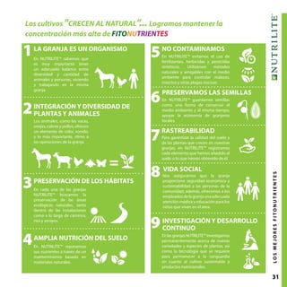 31LOSMEJORESFITONUTRIENTES
1LA GRANJA ES UN ORGANISMO
PRESERVAMOS LAS SEMILLAS
Los cultivos "CRECEN AL NATURAL”... Logramos mantener la
concentración más alta de FITONUTRIENTES
En NUTRILITE™ sabemos que
es muy importante tener
un adecuado balance entre
diversidad y cantidad de
animales y personas, viviendo
y trabajando en la misma
granja.
En NUTRILITE™ guardamos semillas
como una forma de conservar el
medio ambiente y al mismo tiempo,
apoyar la economía de granjeros
locales.
2
6
8
4
3
5
7
9
INTEGRACIÓN Y DIVERSIDAD DE
PLANTAS Y ANIMALES
VIDA SOCIAL
AMPLIA NUTRICIÓN DEL SUELO
RASTREABILIDAD
PRESERVACIÓN DE LOS HÁBITATS
NO CONTAMINAMOS
INVESTIGACIÓN Y DESARROLLO
CONTINUO
Los animales, como las vacas,
ovejas, cabras y pollos, ofrecen
un elemento de color, sonido,
y lo más importante, ritmo a
las operaciones de la granja.
En NUTRILITE™ reponemos
sus nutrientes a través de un
mantenimiento basado en
materiales naturales.
Para garantizar la calidad del suelo y
de las plantas que crecen en nuestras
granjas, en NUTRILITE™ registramos
cada elemento que hemos añadido al
suelo o lo que hemos obtenido de él.
En cada una de las granjas
NUTRILITE™ buscamos la
preservación de las áreas
ecológicas naturales, tanto
dentro de las instalaciones
como a lo largo de caminos,
ríos y arroyos.
En NUTRILITE™ evitamos el uso de
fertilizantes, herbicidas y pesticidas
sintéticos. Utilizamos métodos
naturales y amigables con el medio
ambiente para controlar malezas,
insectos y otras plagas nocivas.
EnlasgranjasNUTRILITE™investigamos
permanentemente acerca de nuevas
variedades y especies de plantas, así
como la tecnología que se requiere
para permanecer a la vanguardia
en cuanto al cultivo sustentable y
productos nutricionales.
Nos aseguramos que la granja
proporcione seguridad económica y
sustentabilidad a las personas de la
comunidad; además, ofrecemos a los
empleadosdelagranjaunaadecuada
atención médica y educación para los
niños que viven en el área.
=
 